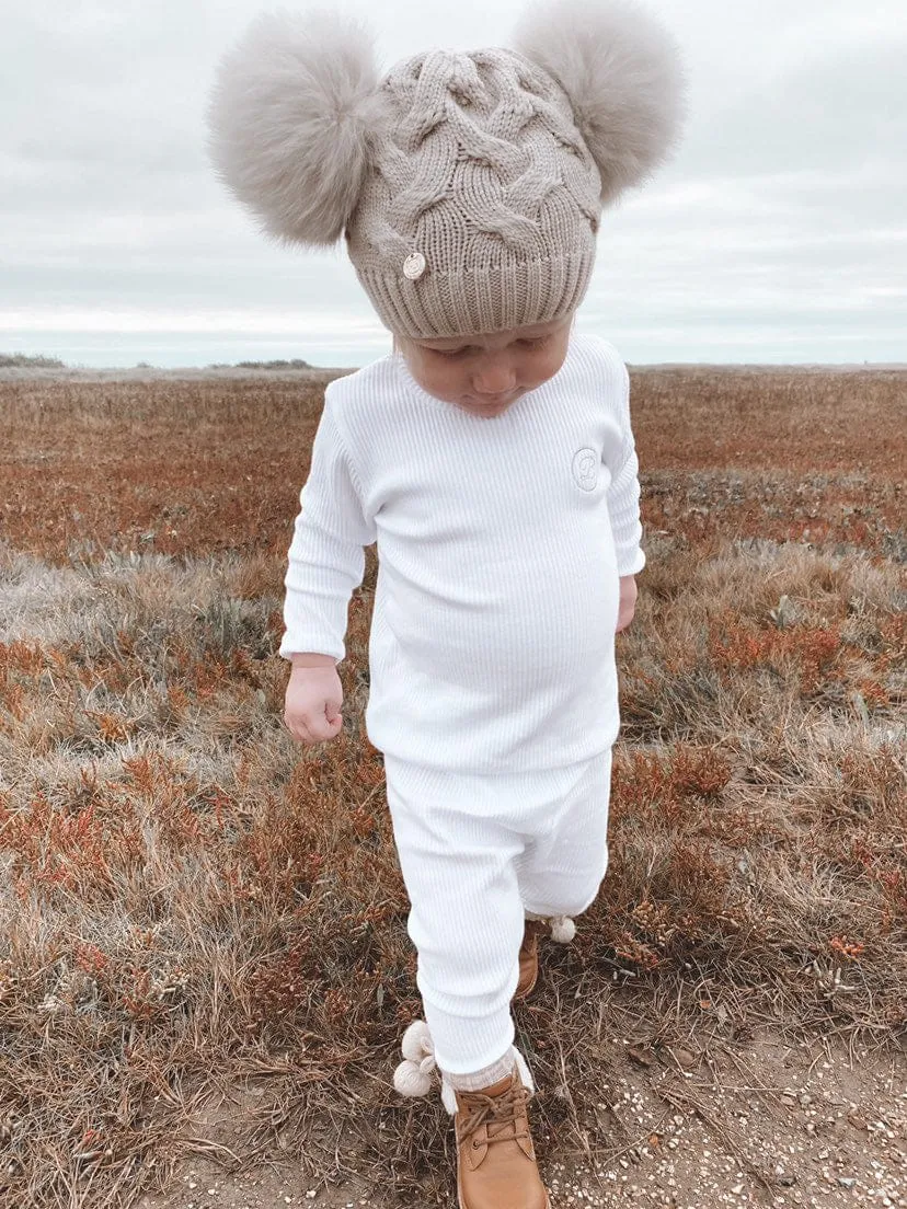 Sandstone Merino Wool Kids Double Pom Hat