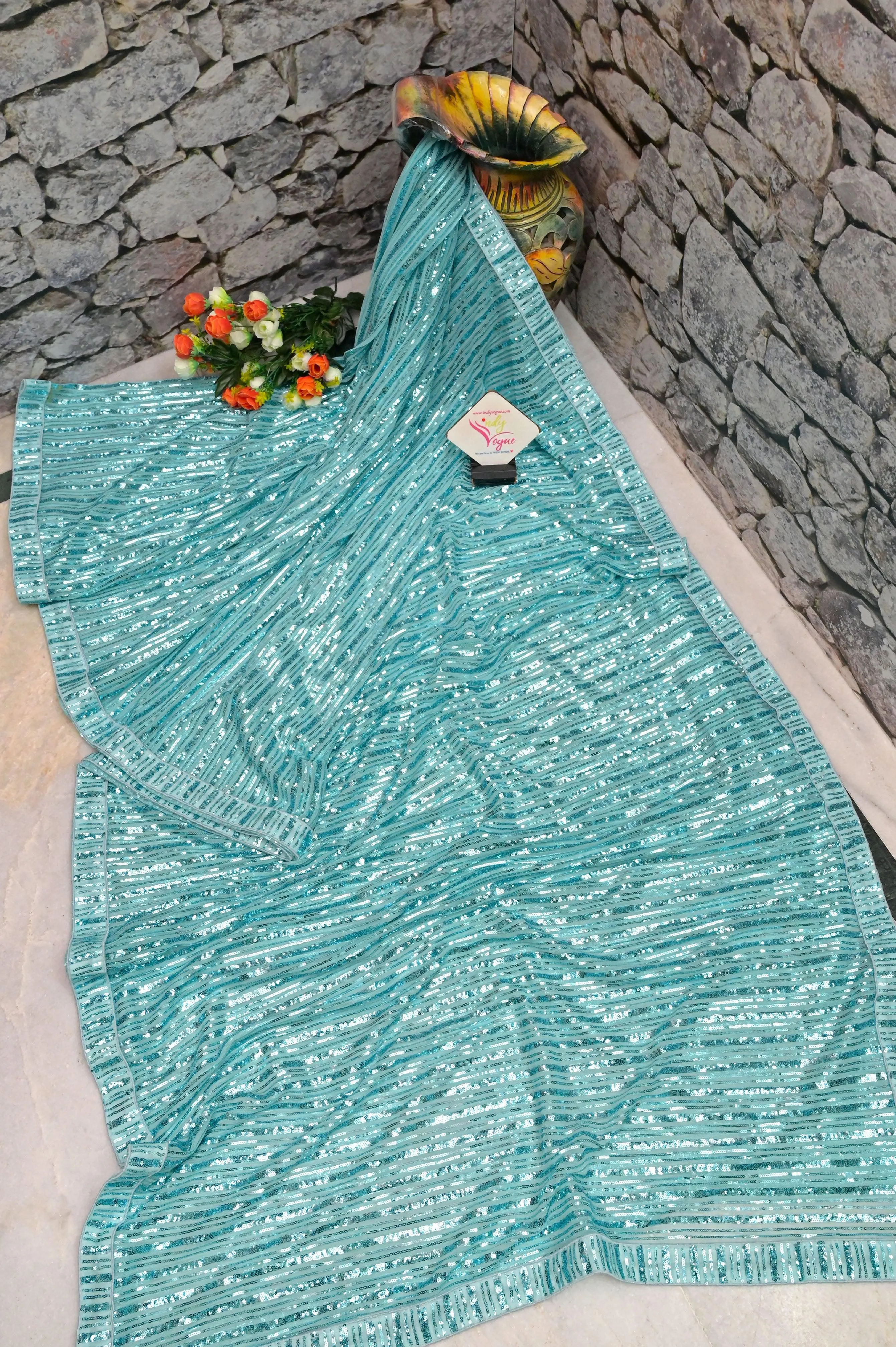 Sky Blue Color Designer Net Saree with Sequin Work