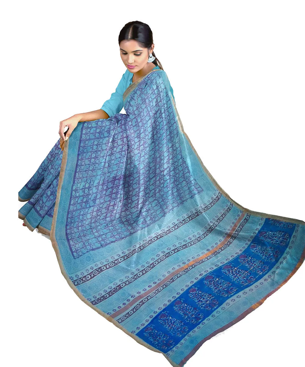 Sky blue dark blue cotton silk hand printed maheshwari saree