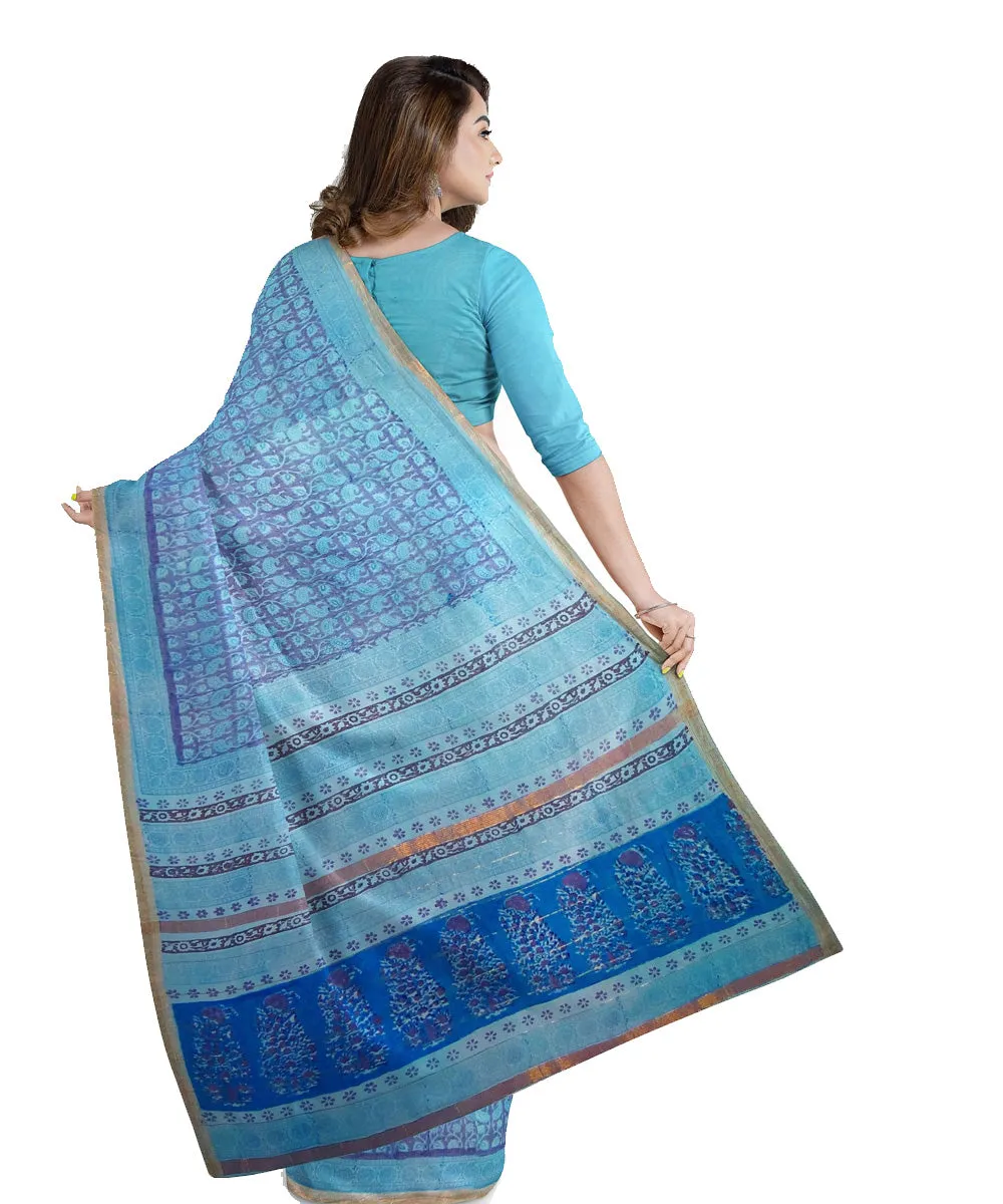 Sky blue dark blue cotton silk hand printed maheshwari saree