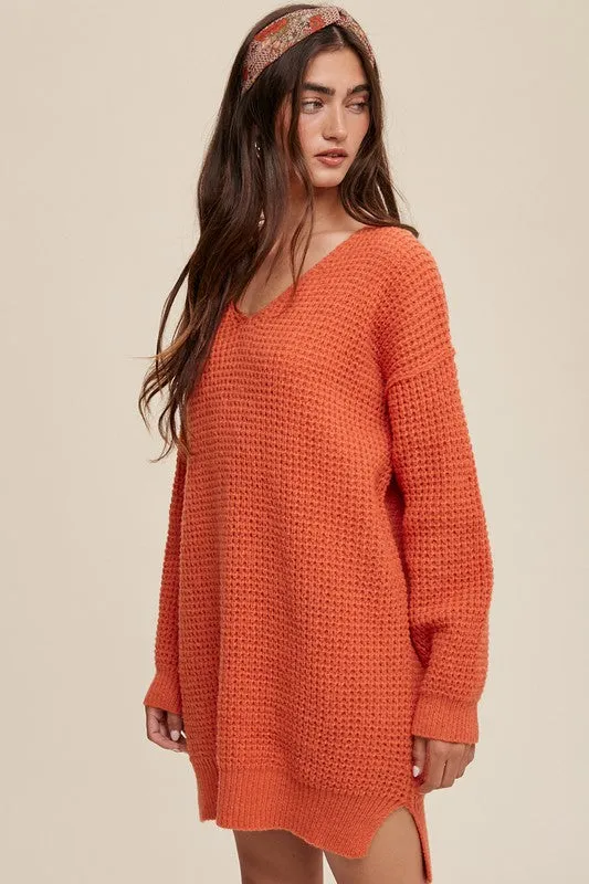 Slouchy V-neck Ribbed Knit Sweater