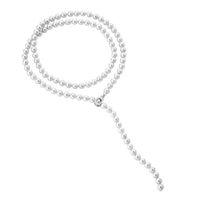 Sterling Silver Rhodium Plated Necklace with Adjustable Clasp for Women with Organic Pearl, 8mm Round White Pearl, 35.4 Length, Jour Collection