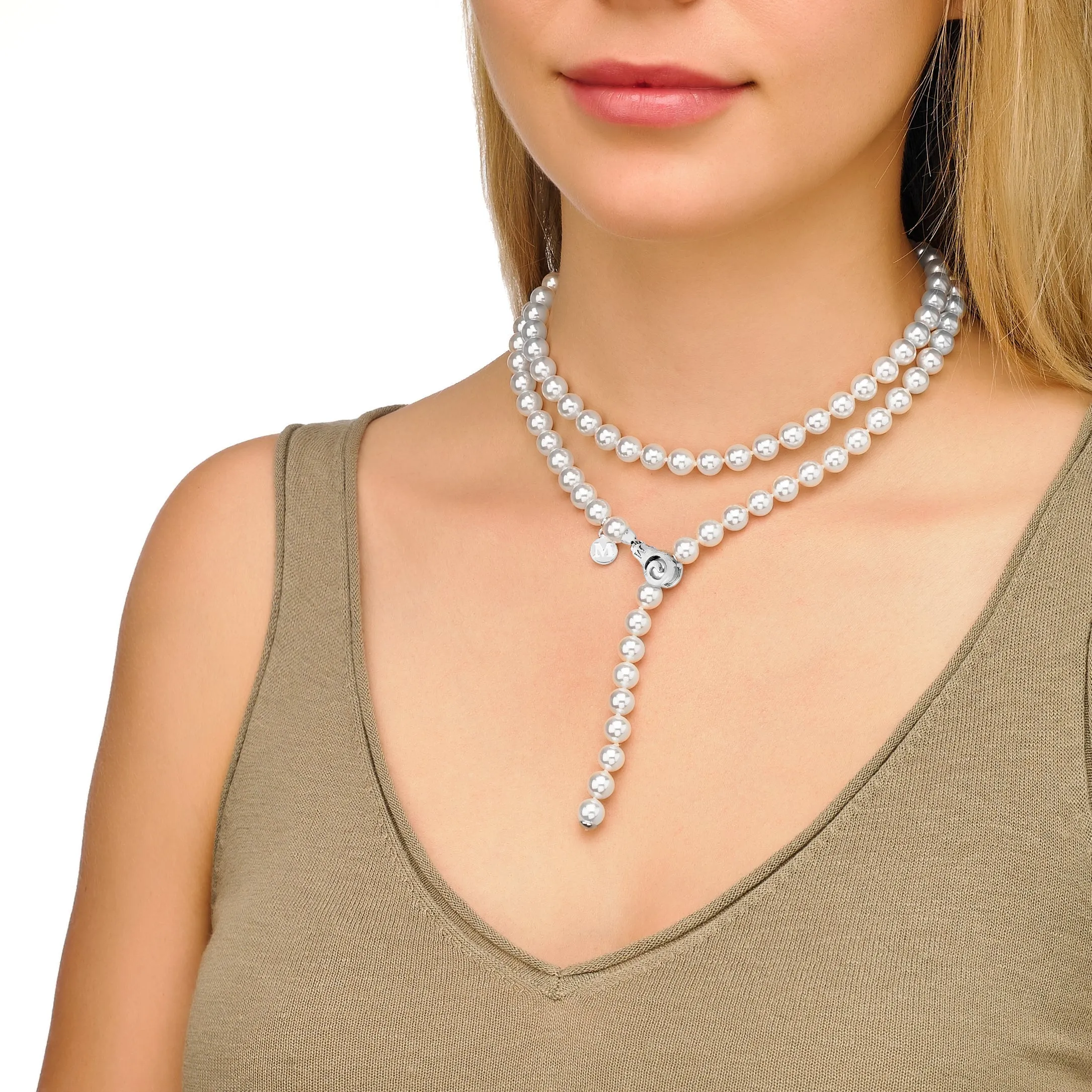 Sterling Silver Rhodium Plated Necklace with Adjustable Clasp for Women with Organic Pearl, 8mm Round White Pearl, 35.4 Length, Jour Collection