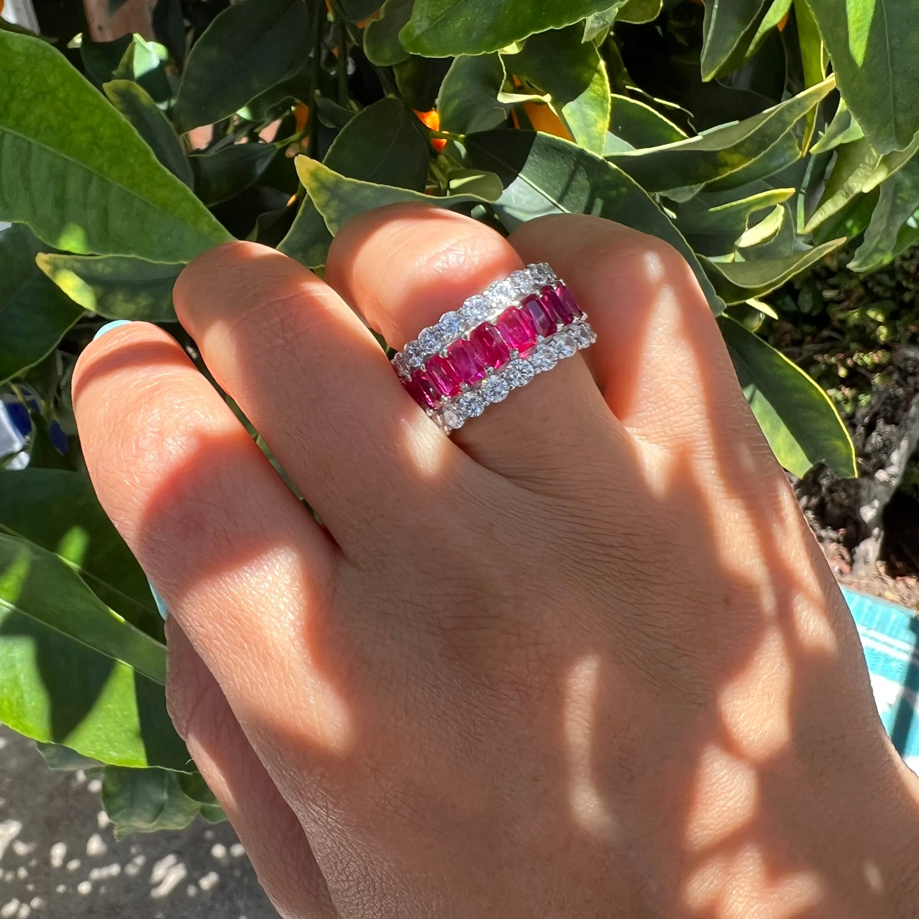 Sterling silver ruby & clear cz eternity band