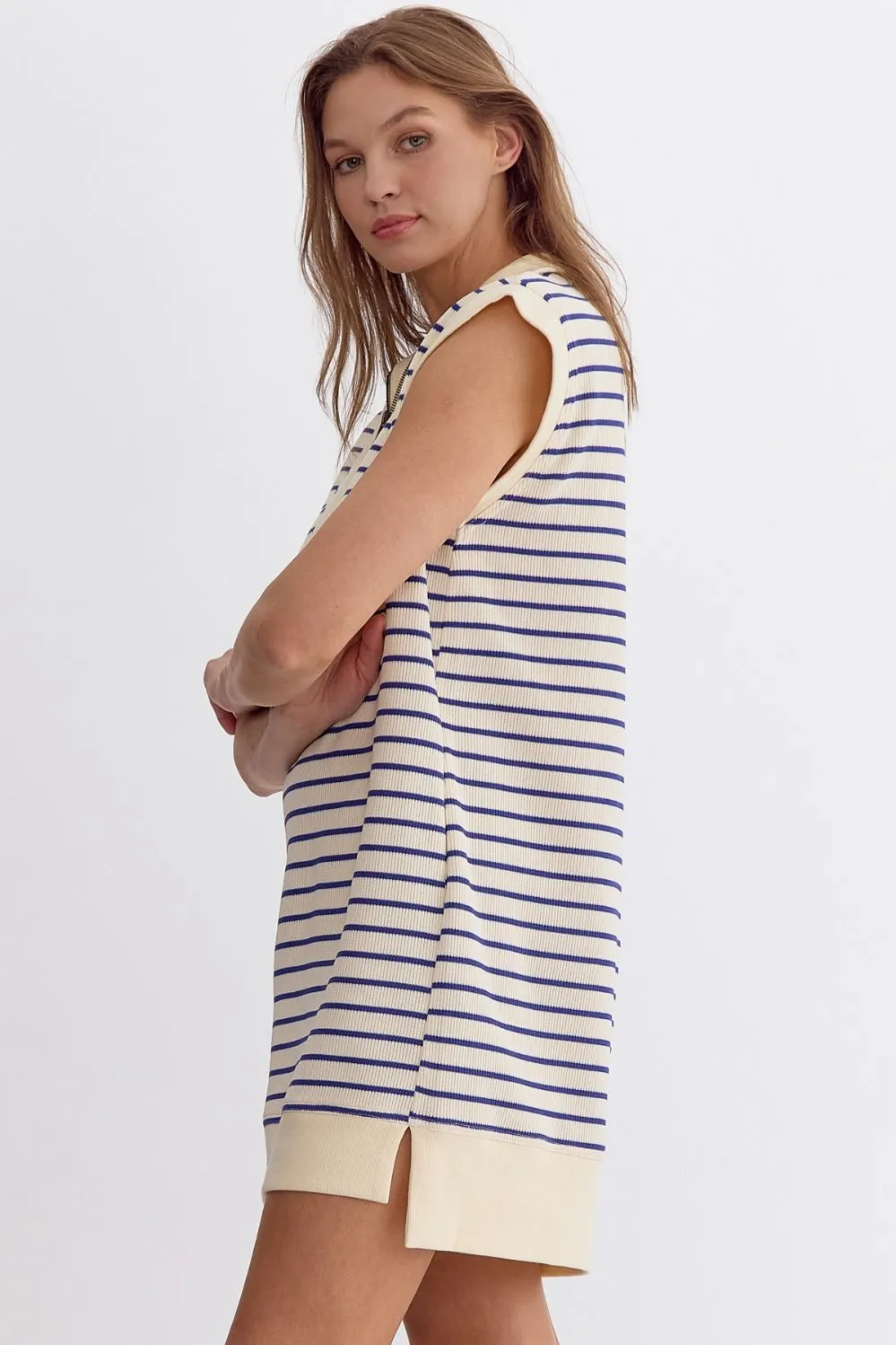 Stripe Print Ribbed Cap Sleeve Mini Dress