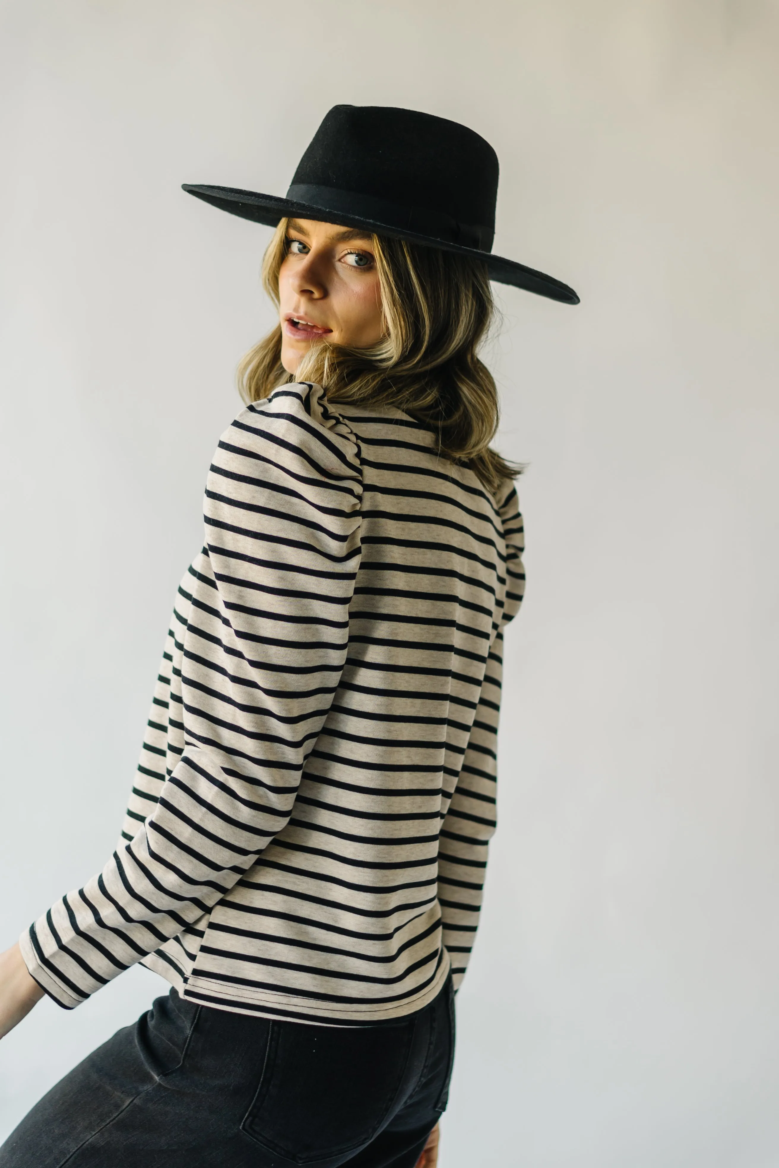 The Delise Puff Sleeve Blouse in Black   Oatmeal Stripe