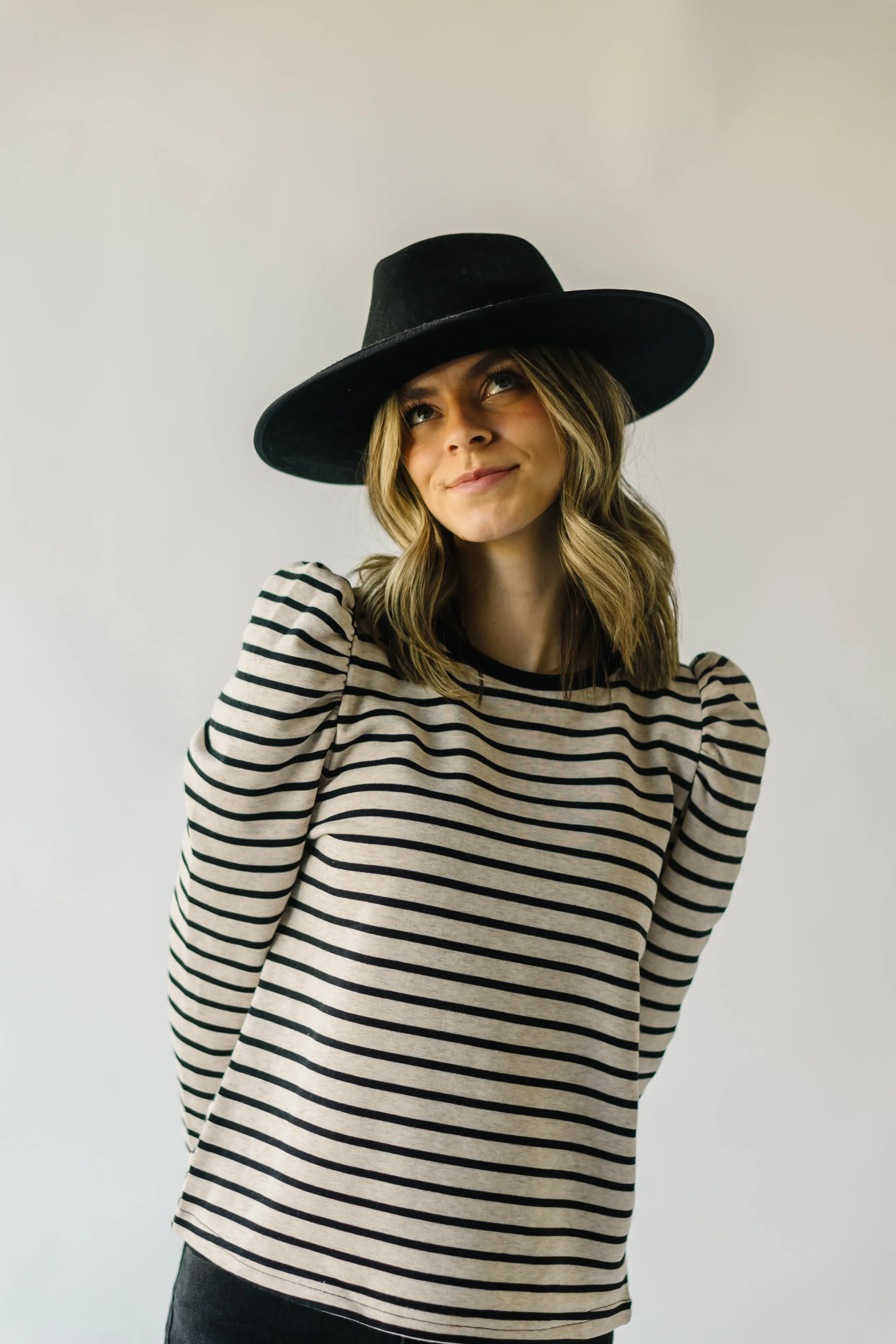 The Delise Puff Sleeve Blouse in Black   Oatmeal Stripe