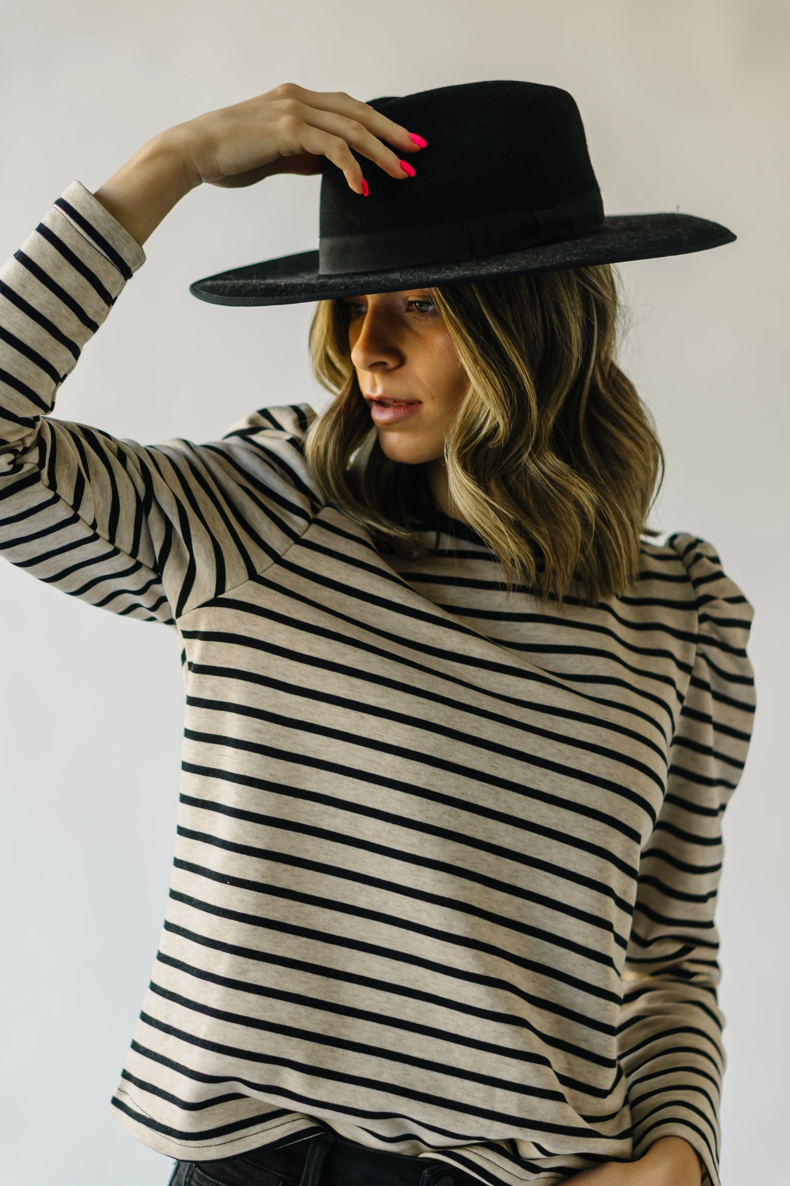 The Delise Puff Sleeve Blouse in Black   Oatmeal Stripe