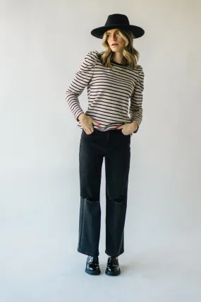 The Delise Puff Sleeve Blouse in Black   Oatmeal Stripe