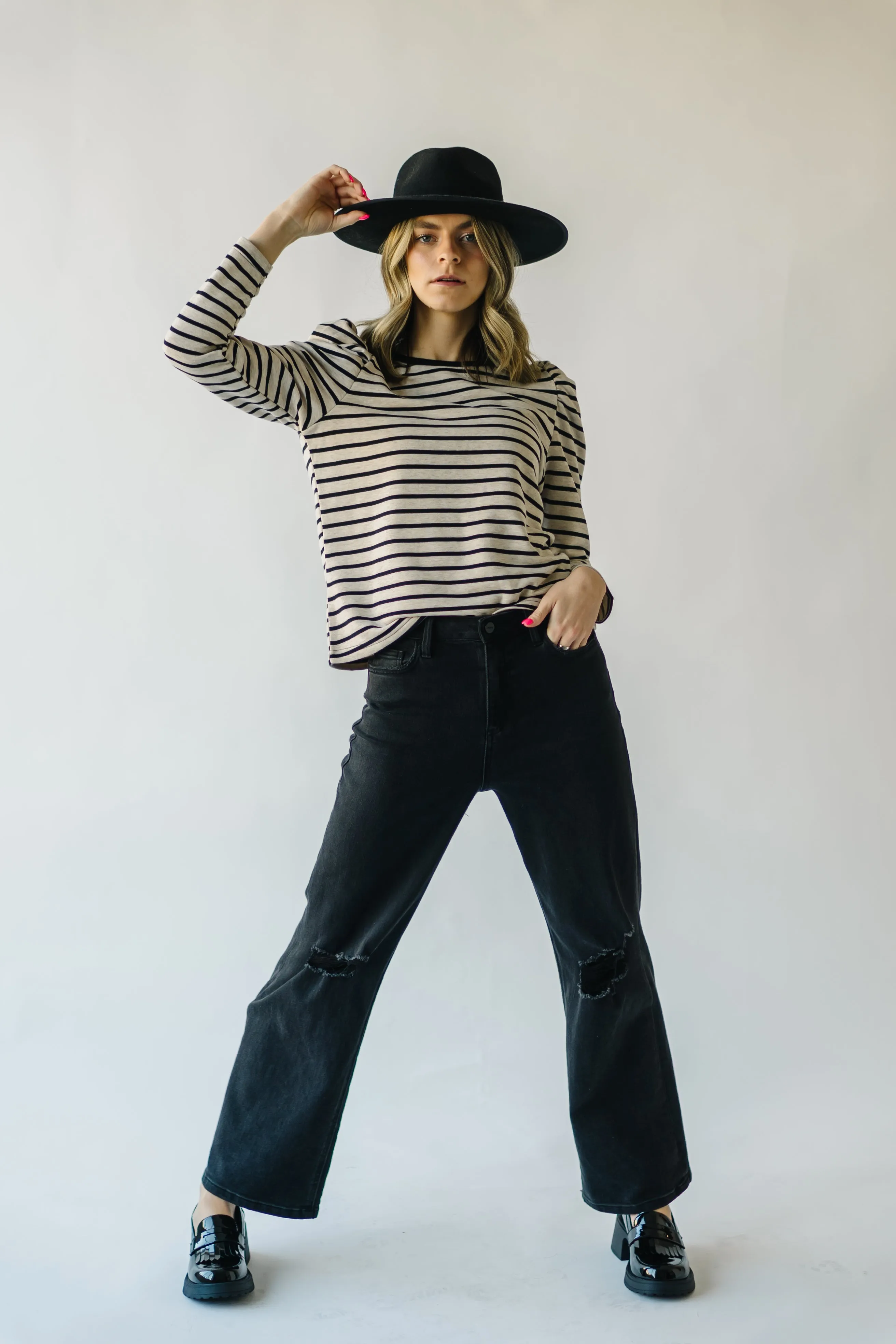 The Delise Puff Sleeve Blouse in Black   Oatmeal Stripe