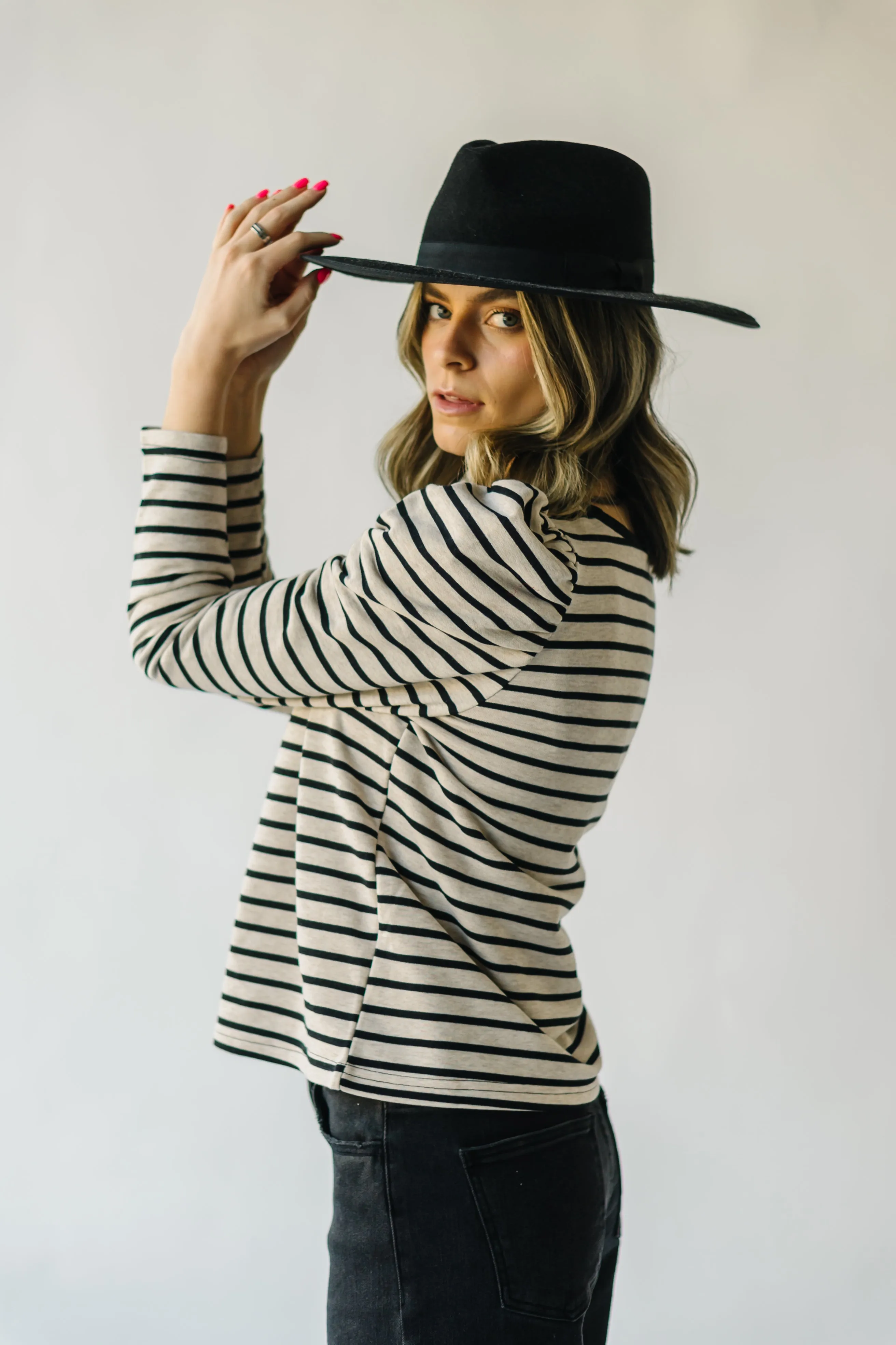 The Delise Puff Sleeve Blouse in Black   Oatmeal Stripe