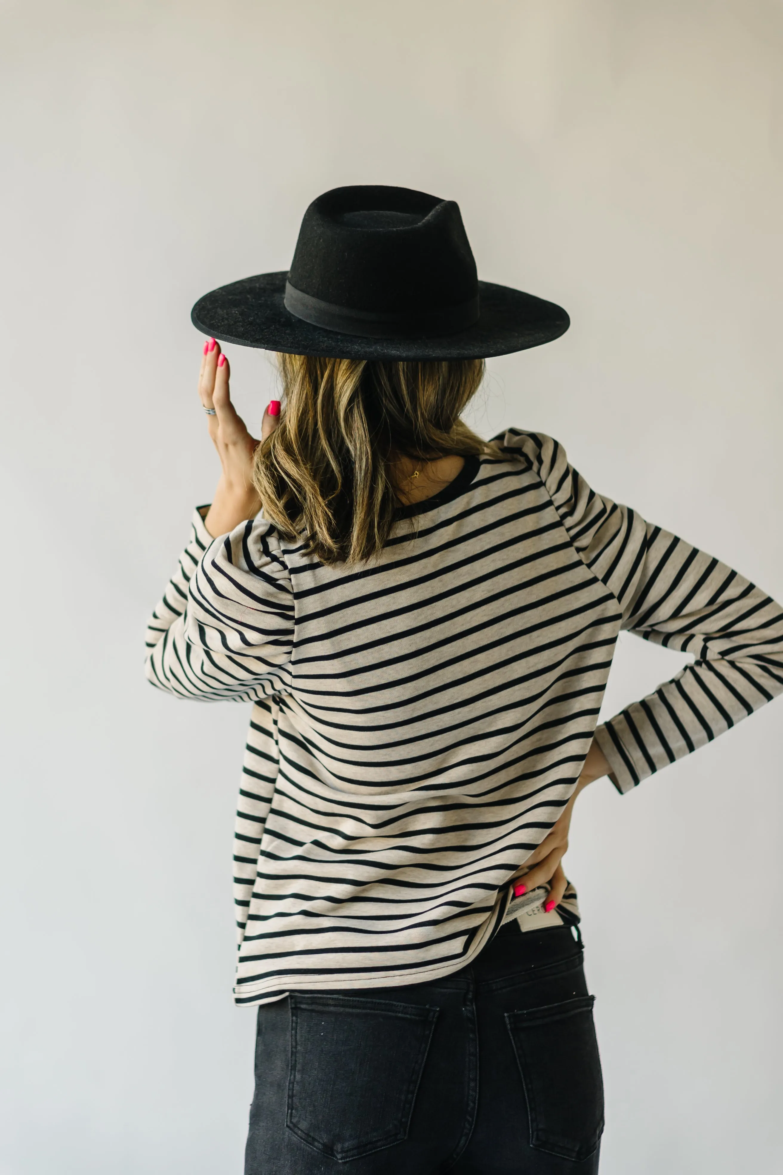 The Delise Puff Sleeve Blouse in Black   Oatmeal Stripe