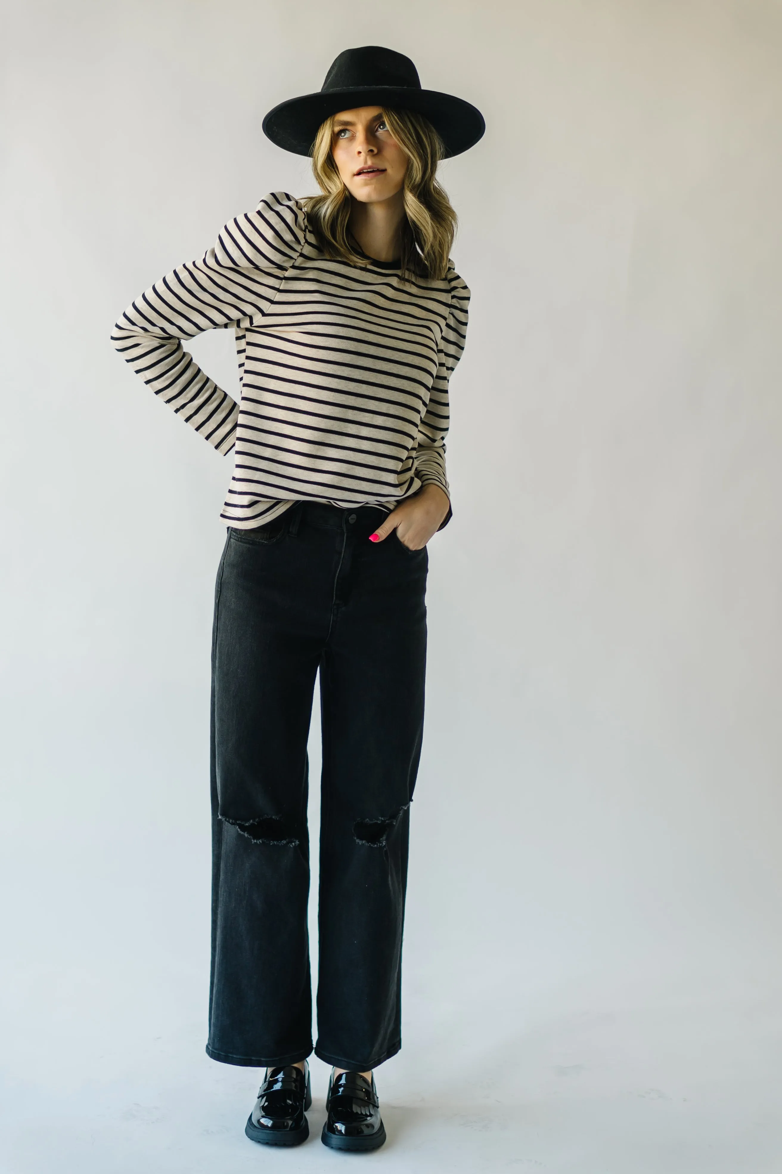 The Delise Puff Sleeve Blouse in Black   Oatmeal Stripe