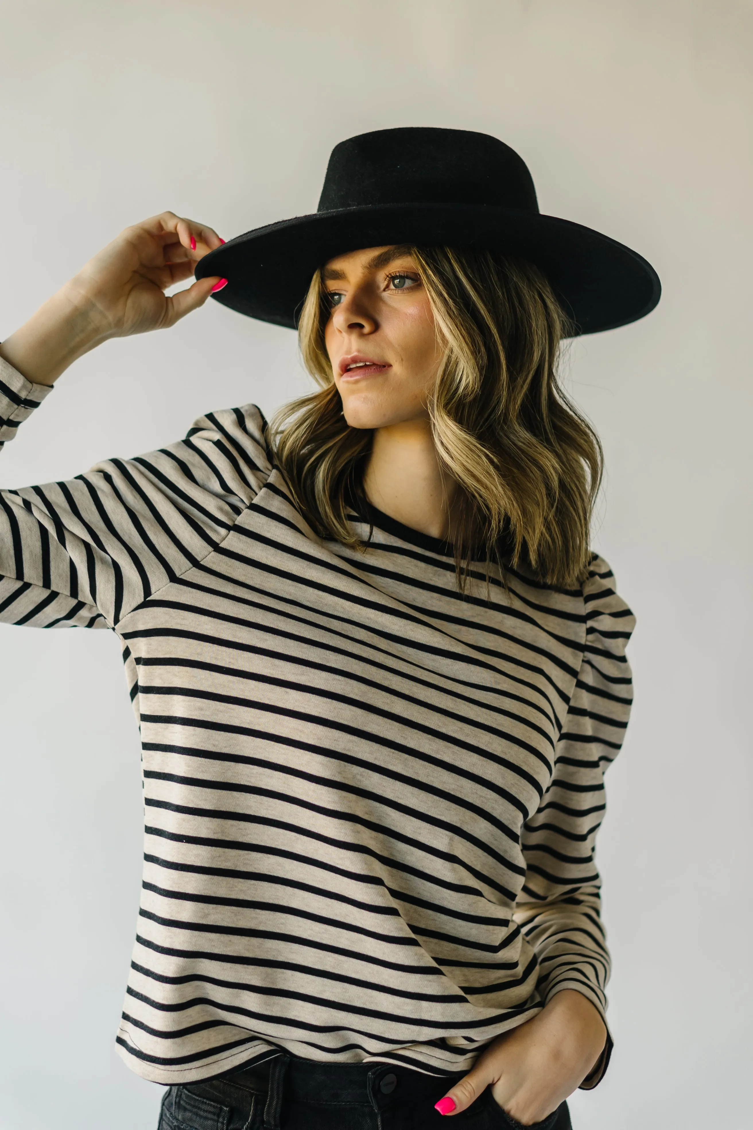 The Delise Puff Sleeve Blouse in Black   Oatmeal Stripe