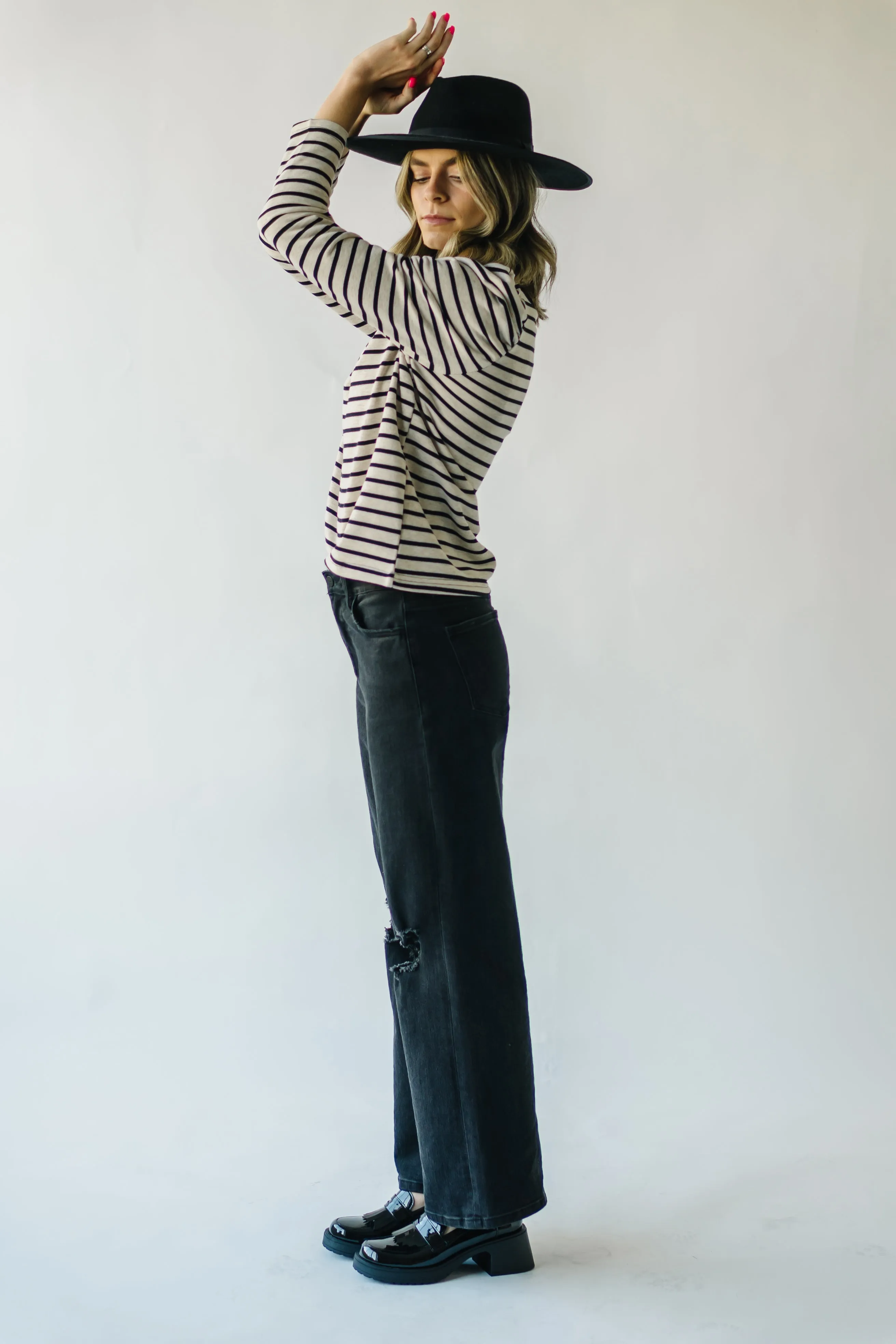 The Delise Puff Sleeve Blouse in Black   Oatmeal Stripe