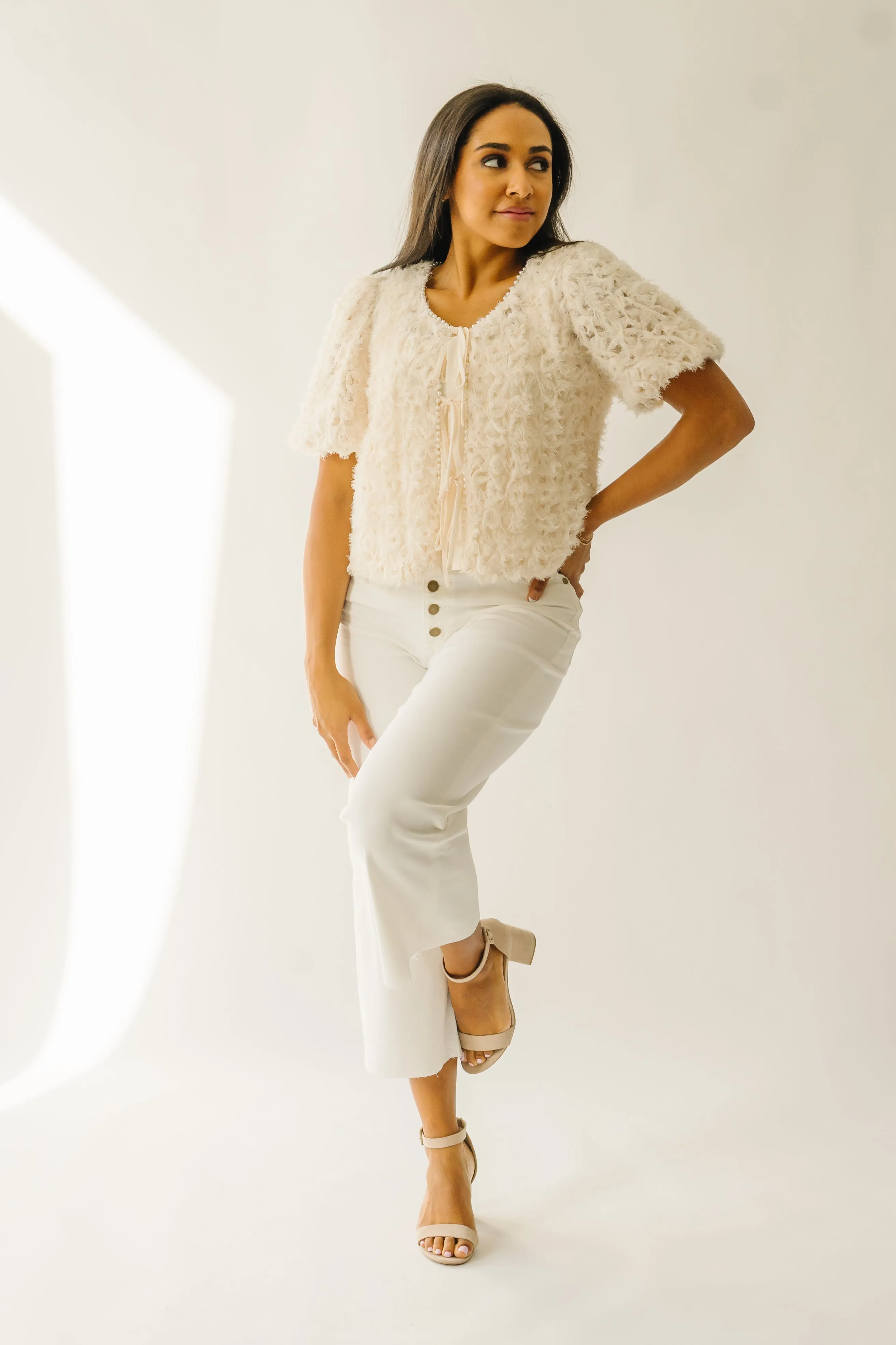 The Hagan Pearl Trim Textured Blouse in Cream