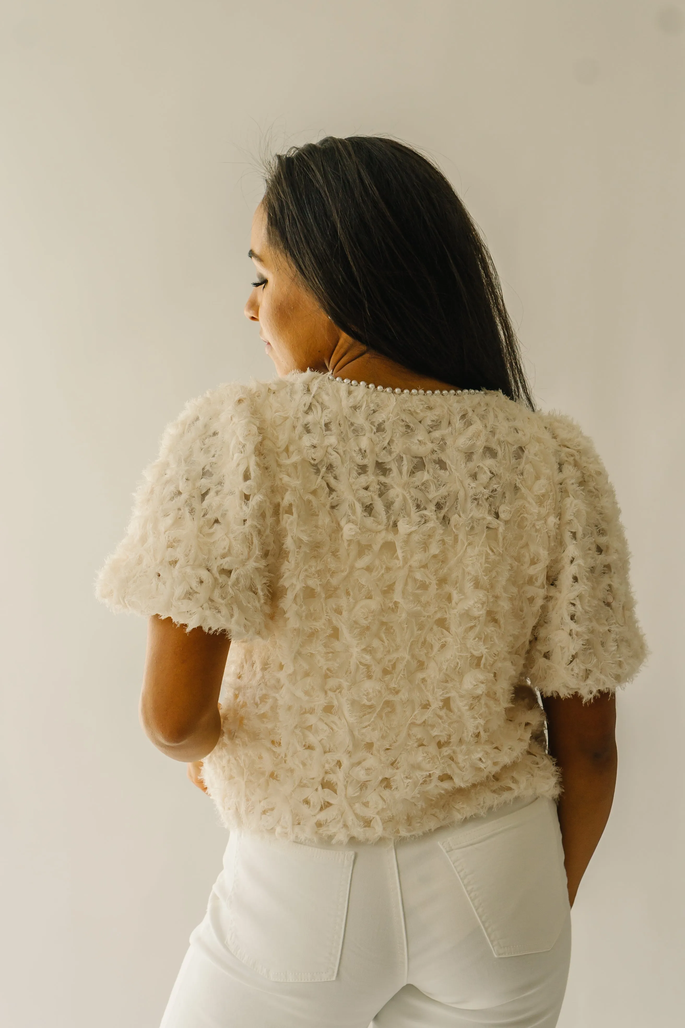 The Hagan Pearl Trim Textured Blouse in Cream