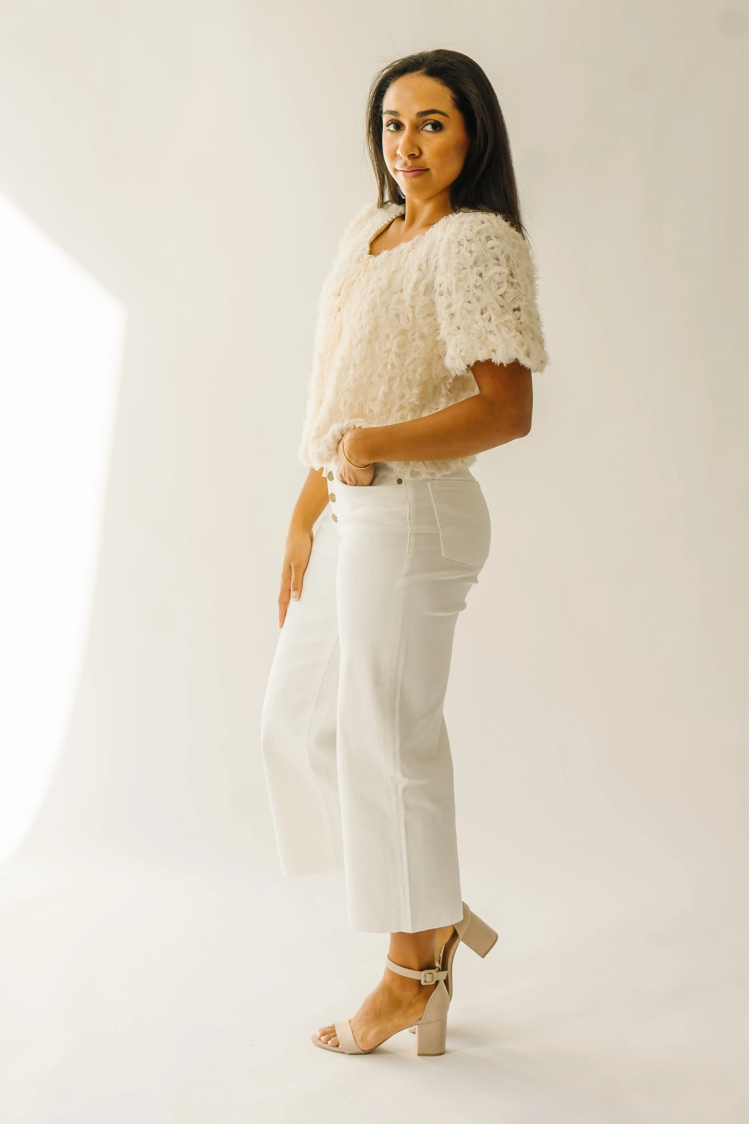 The Hagan Pearl Trim Textured Blouse in Cream