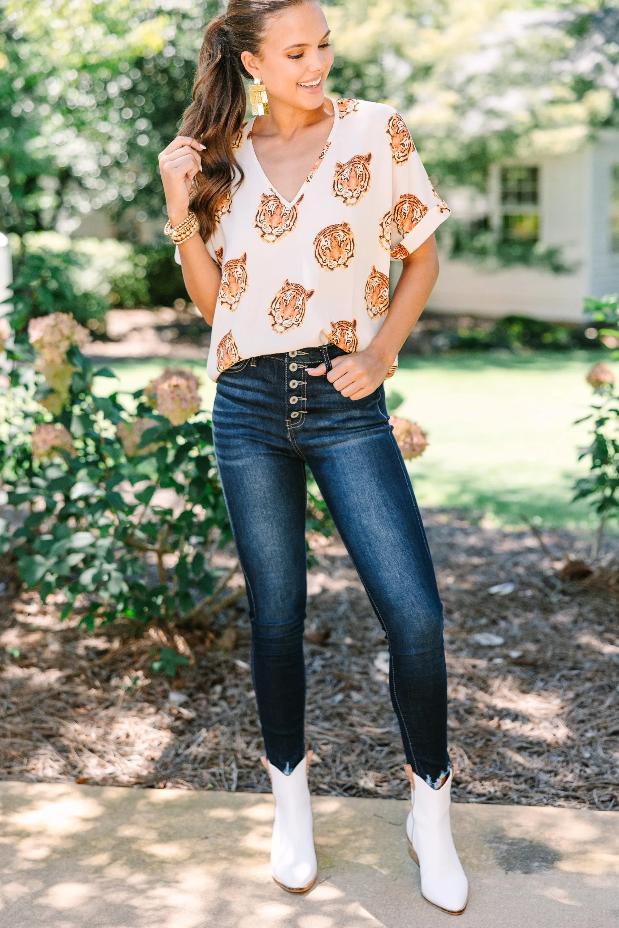 The Madison White Tiger Print Blouse