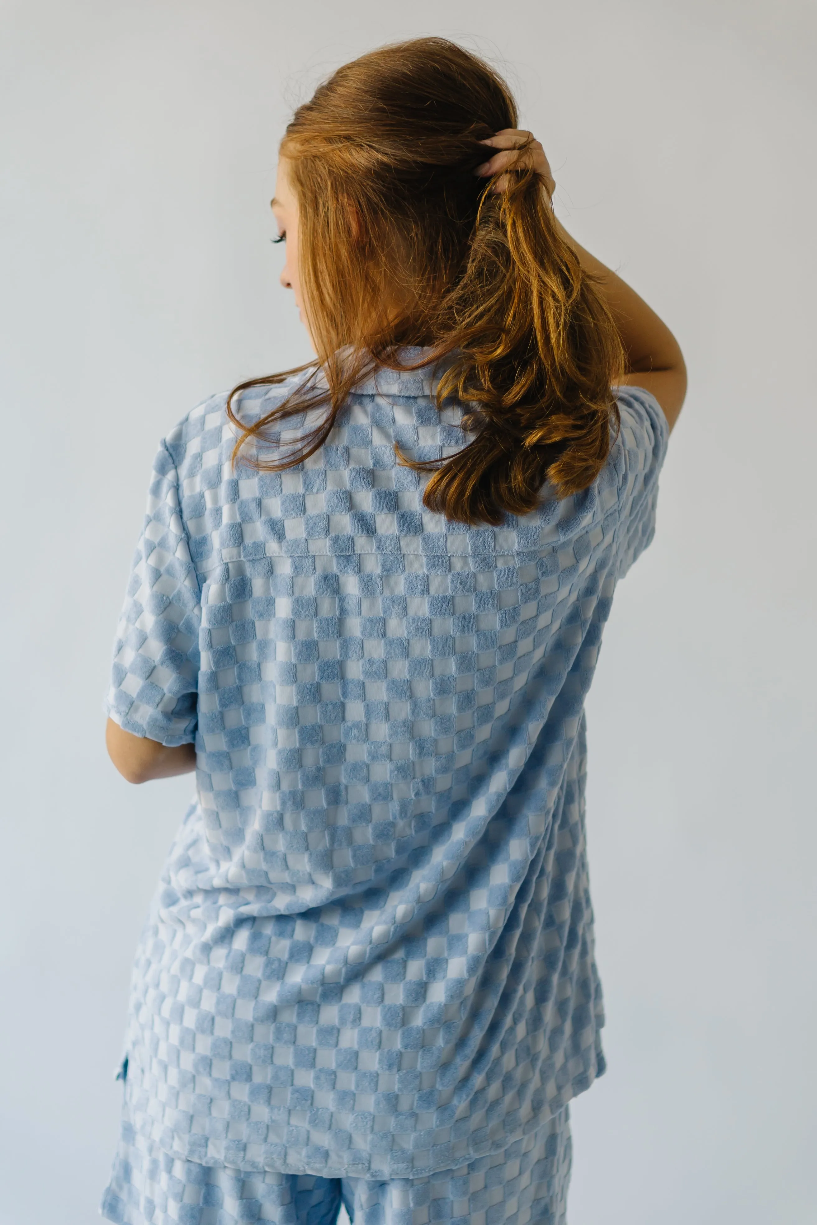 The Malone Textured Button-Up Blouse in Blue Check