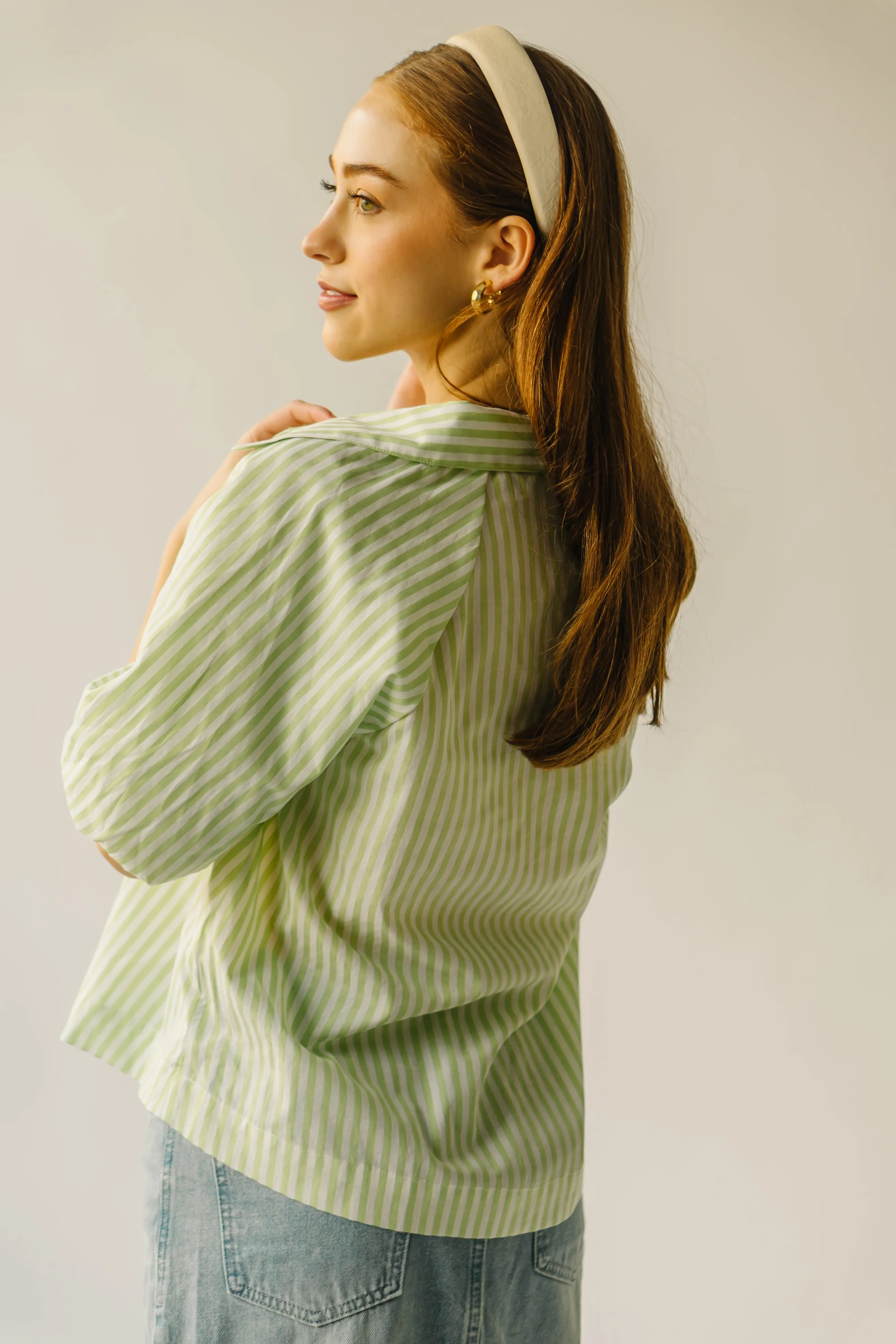 The Whipple Balloon Sleeve Button-Up Blouse in Lime Stripe