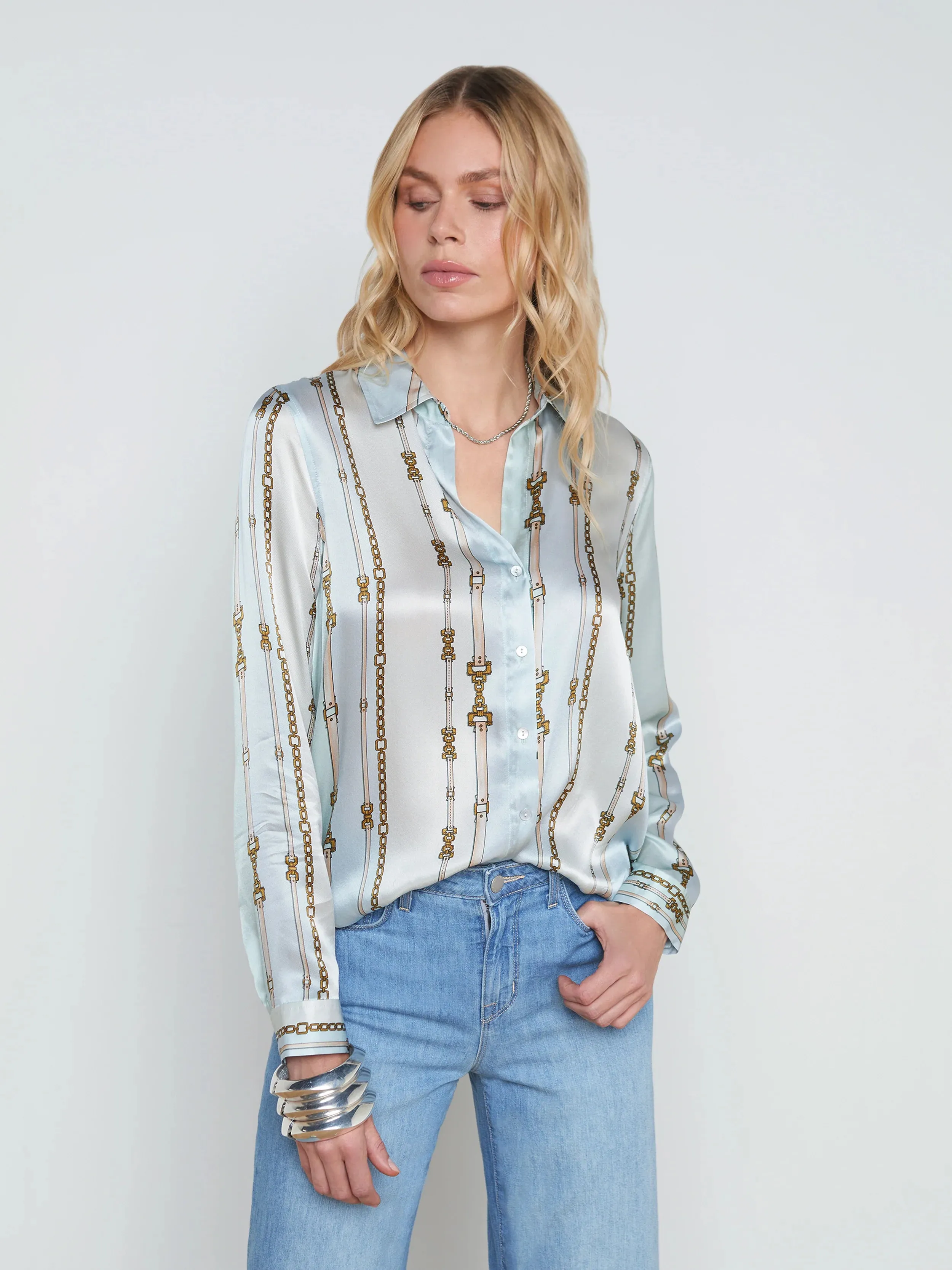 TYLER SILK BLOUSE (PASTEL BELT STRIPE) - L'AGENCE