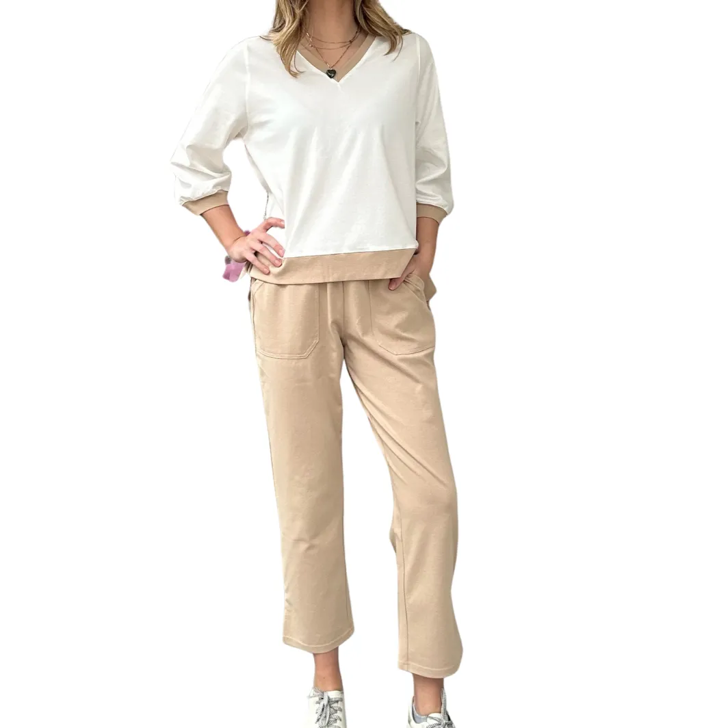 V-Neck Lounge Set - White/Beige