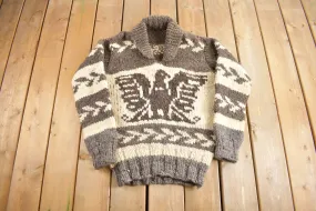 Vintage 1950s Hand-Knit Eagle Theme heavy Weight Sweater / Wool / True Vintage / Outdoorsman / Size S / Shawl Collar