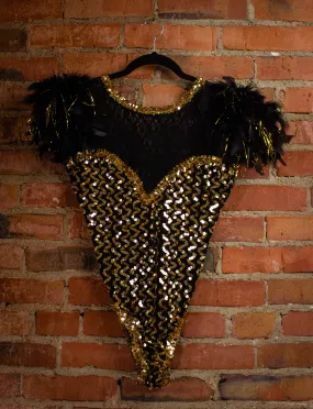 Vintage Black And Gold Feathered Sequined Leotard S