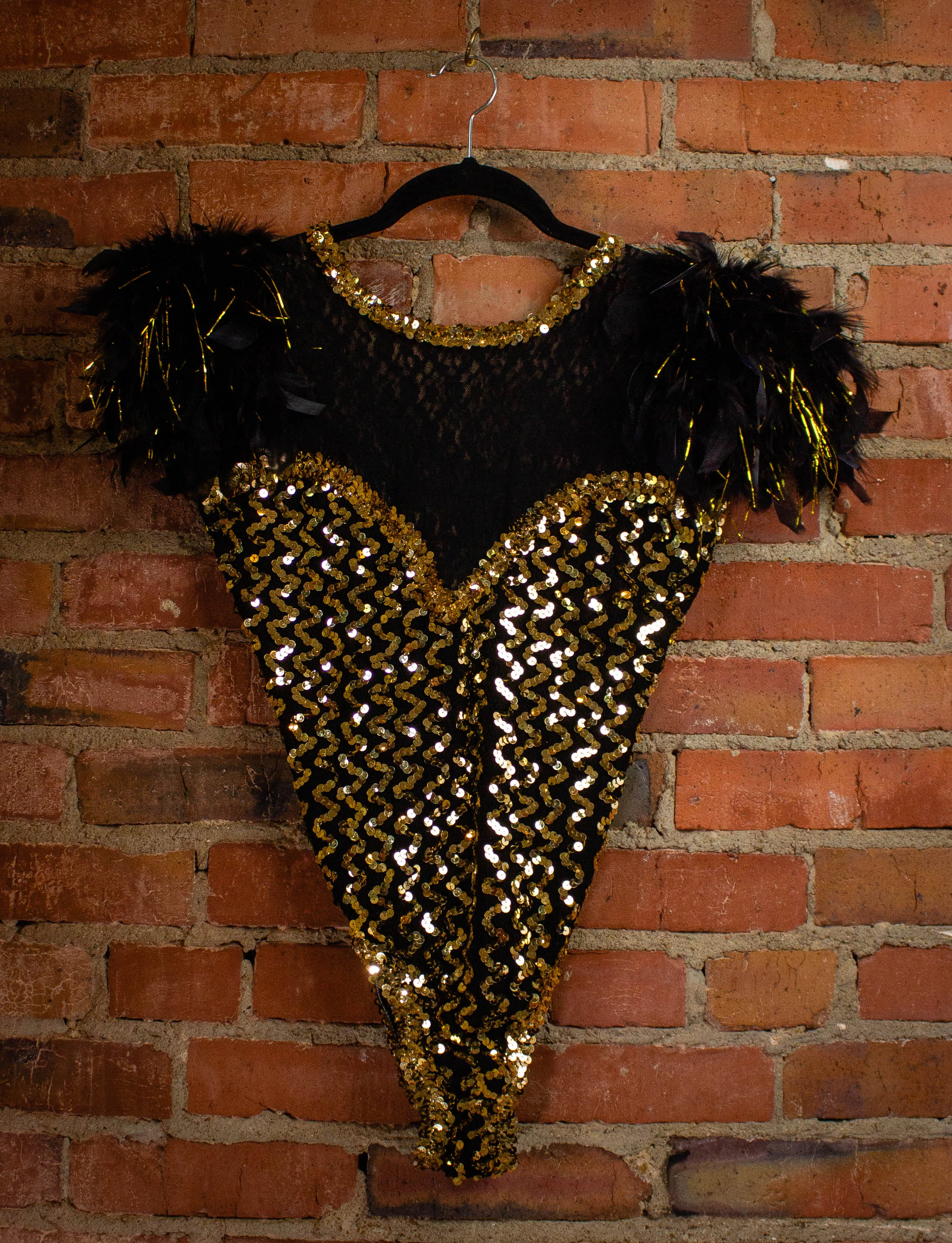 Vintage Black And Gold Feathered Sequined Leotard S