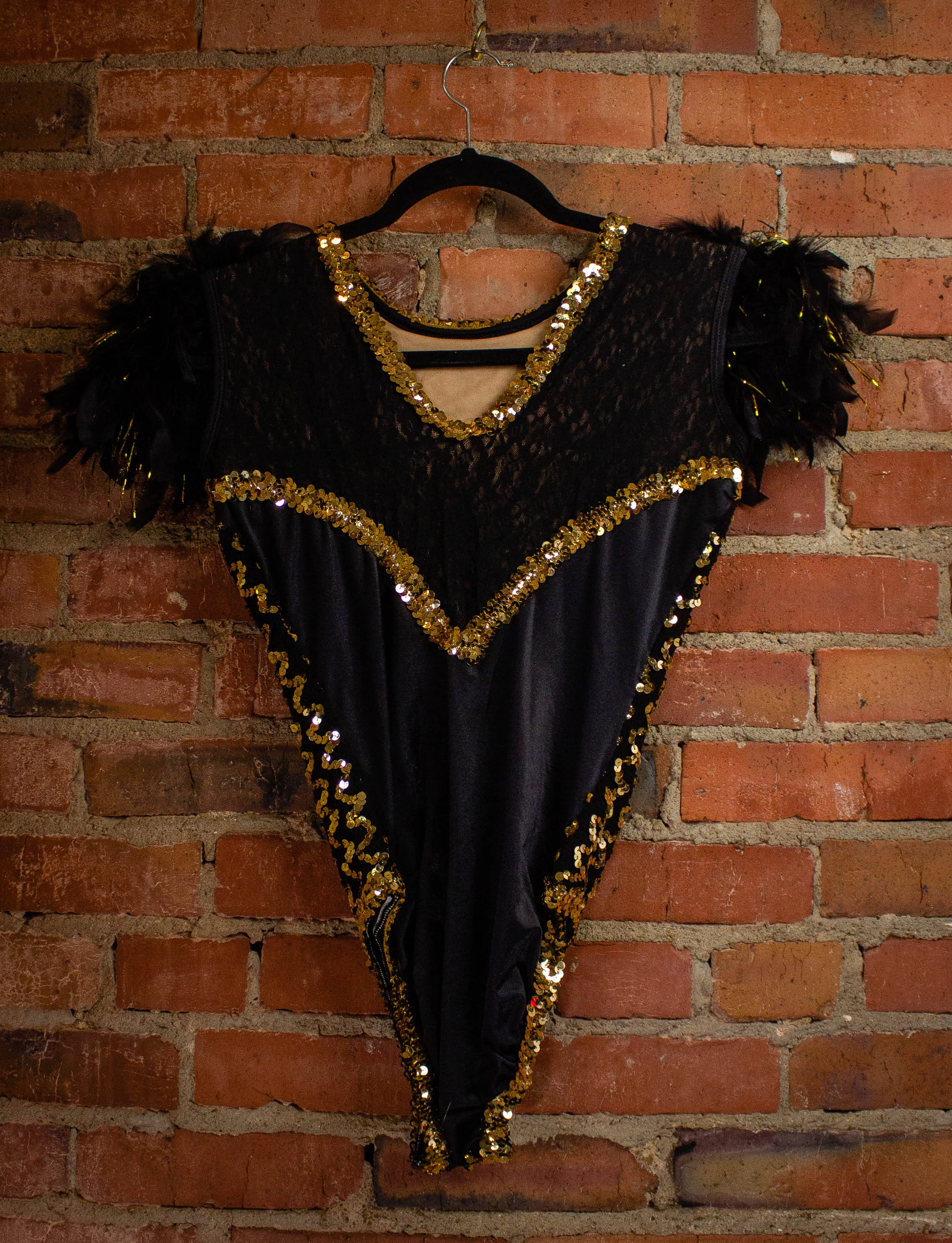 Vintage Black And Gold Feathered Sequined Leotard S