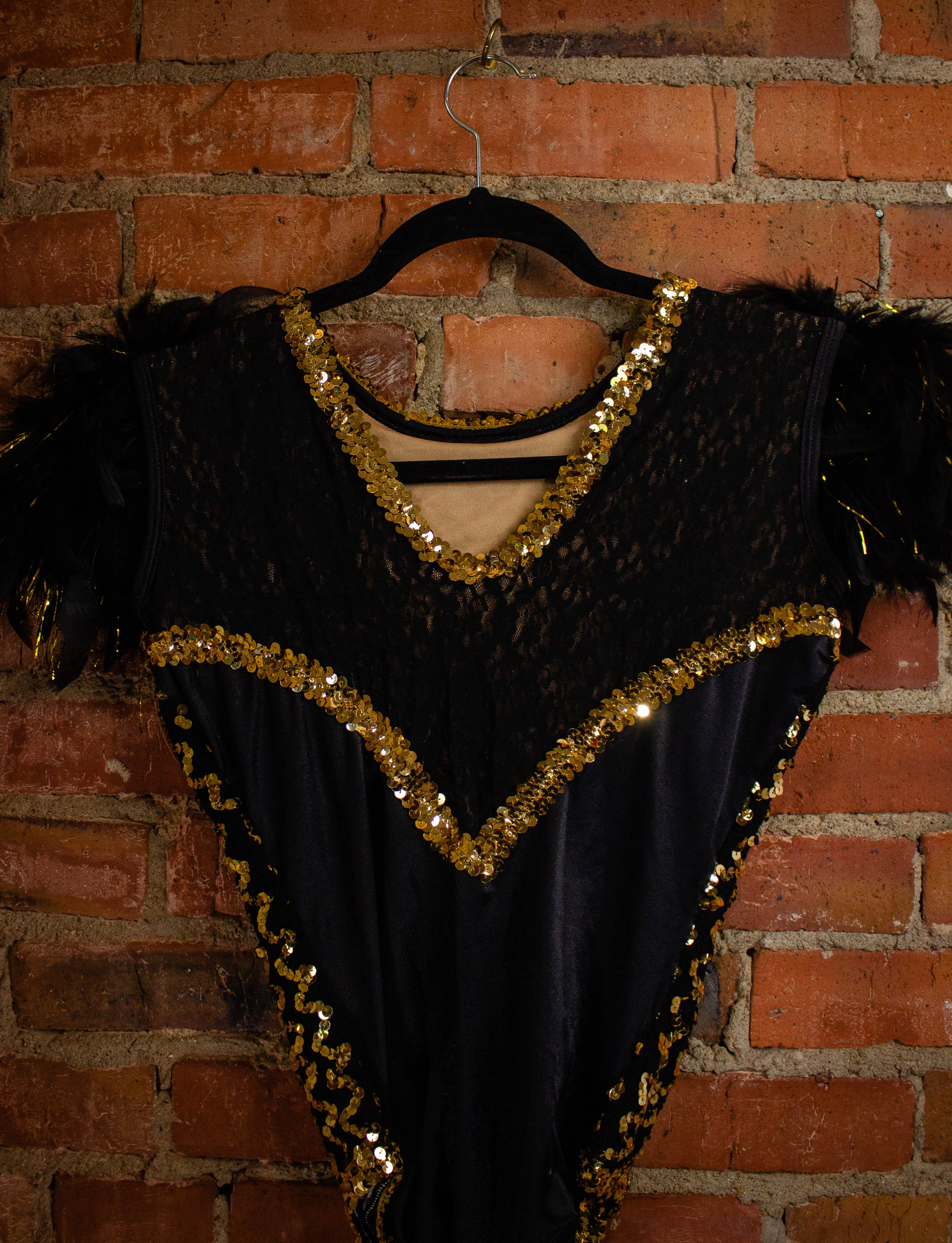 Vintage Black And Gold Feathered Sequined Leotard S