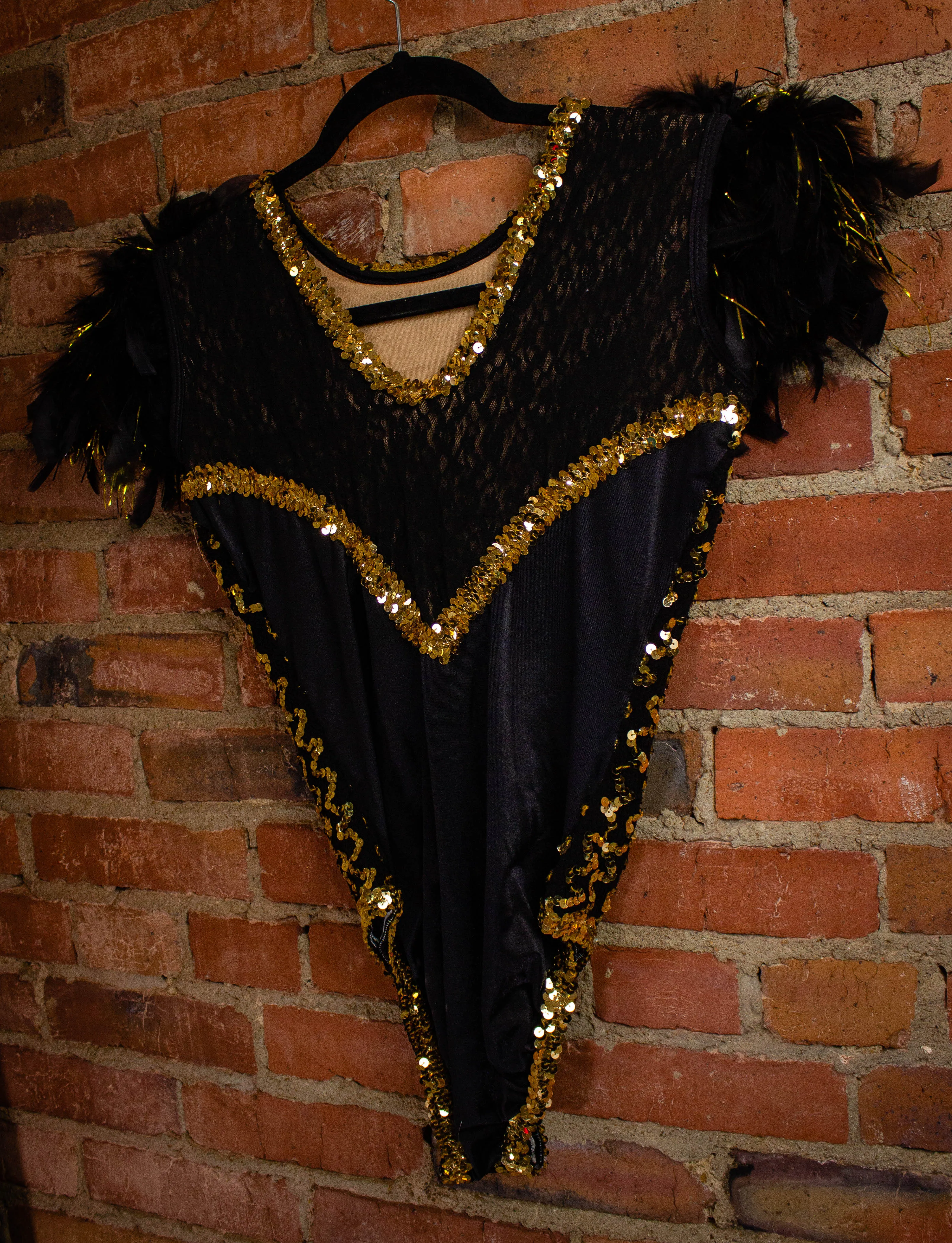 Vintage Black And Gold Feathered Sequined Leotard S