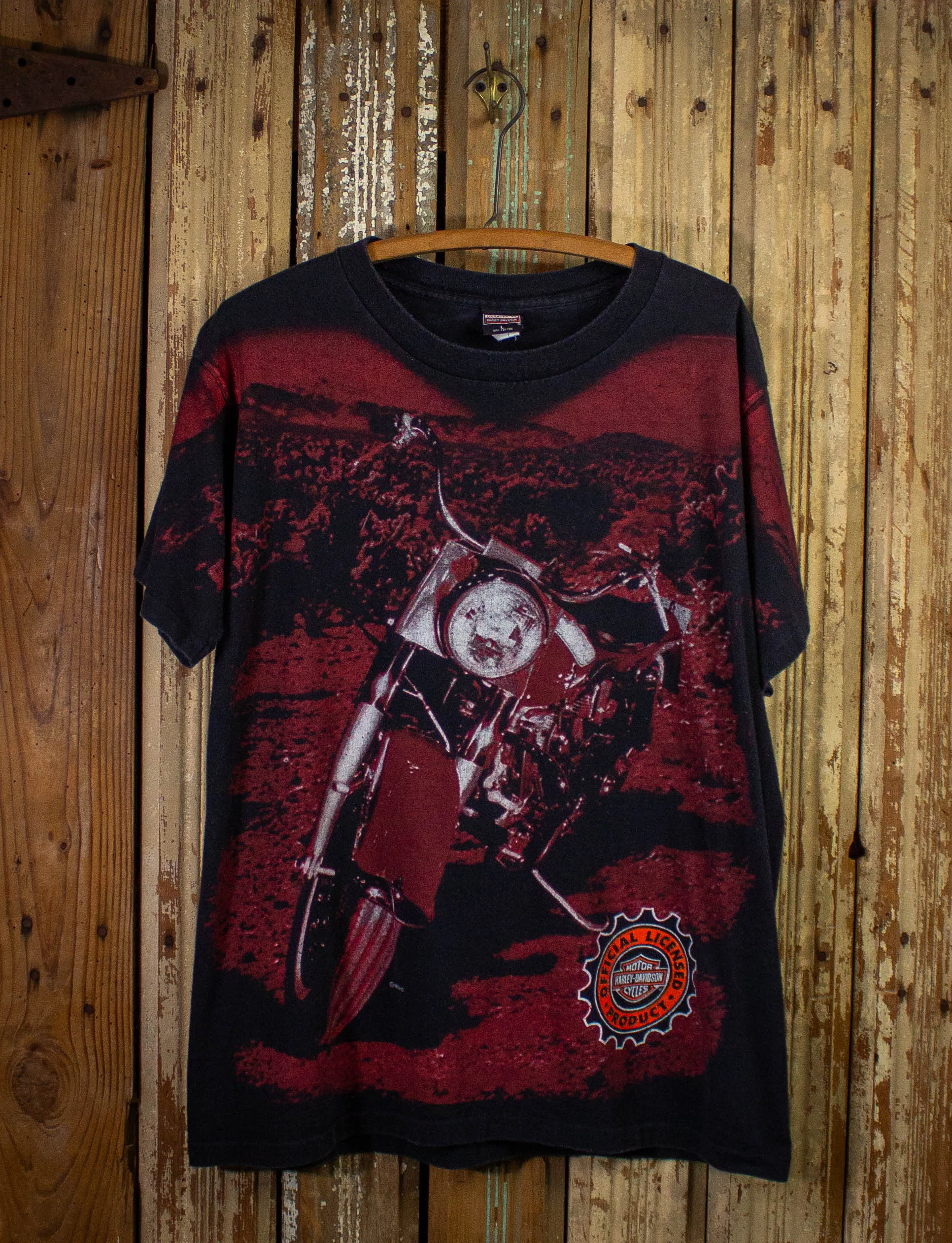 Vintage Harley Davidson AOP Bike Image Graphic T Shirt 1996 Black XL