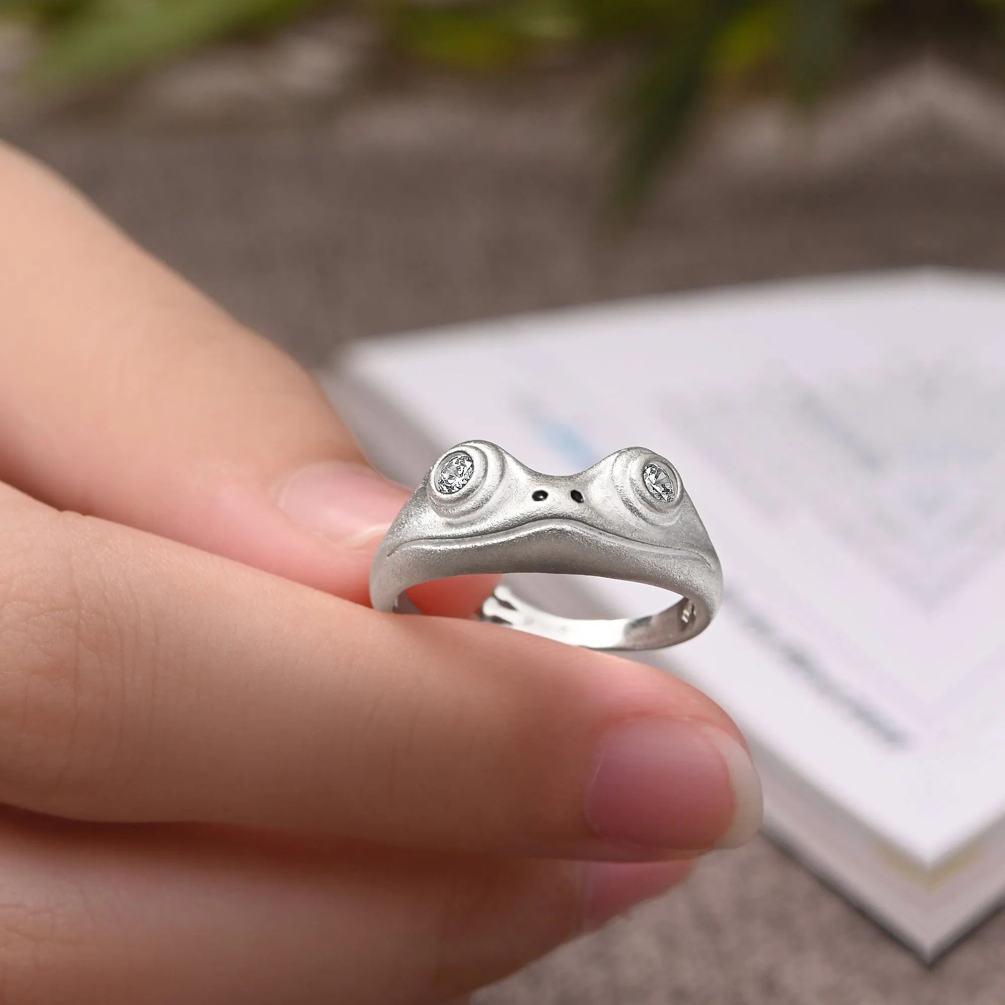 White CZ Adjustable Frog Ring Sterling Silver