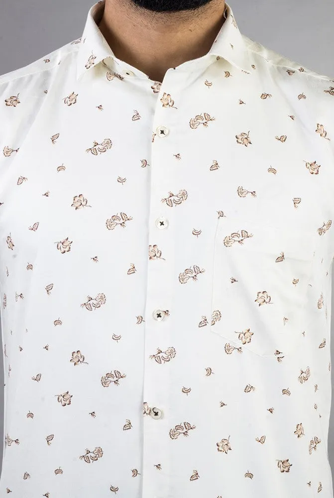 White Shirt for Men - White Floral Printed Spread Cotton Men Shirt