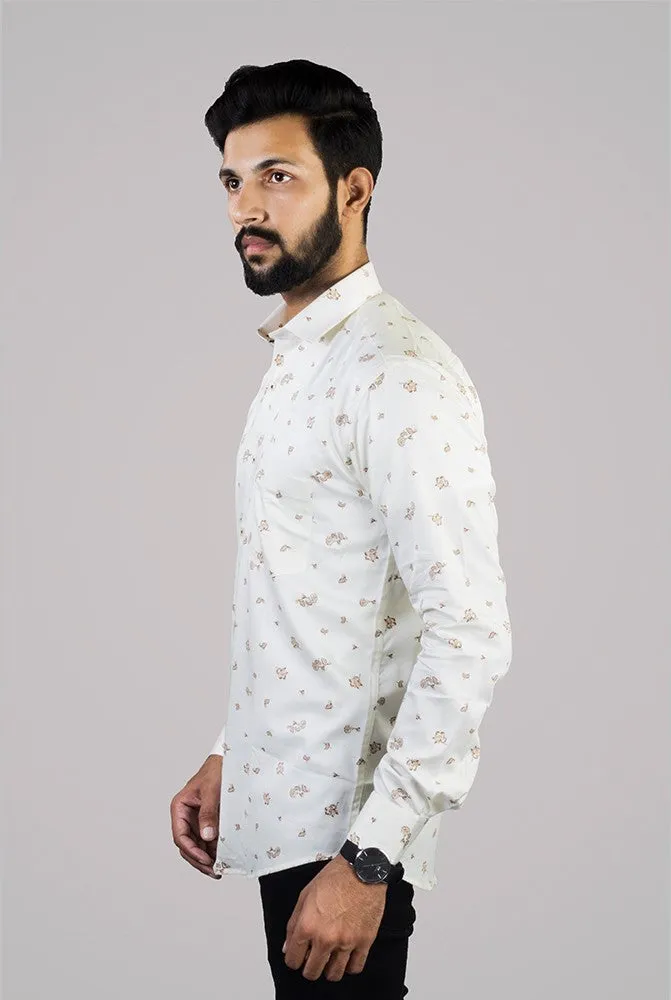 White Shirt for Men - White Floral Printed Spread Cotton Men Shirt