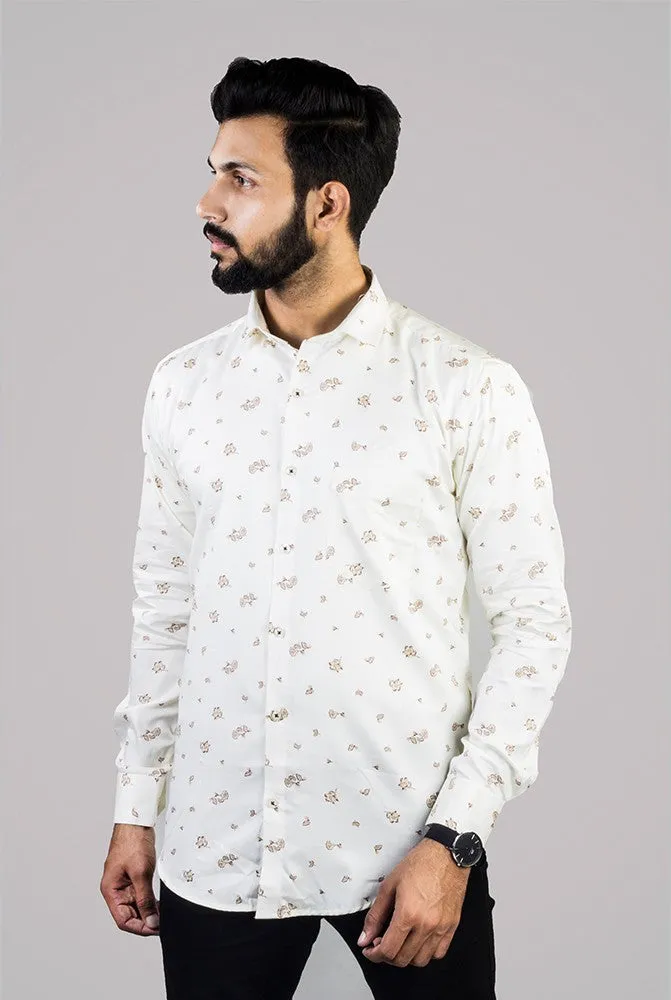 White Shirt for Men - White Floral Printed Spread Cotton Men Shirt