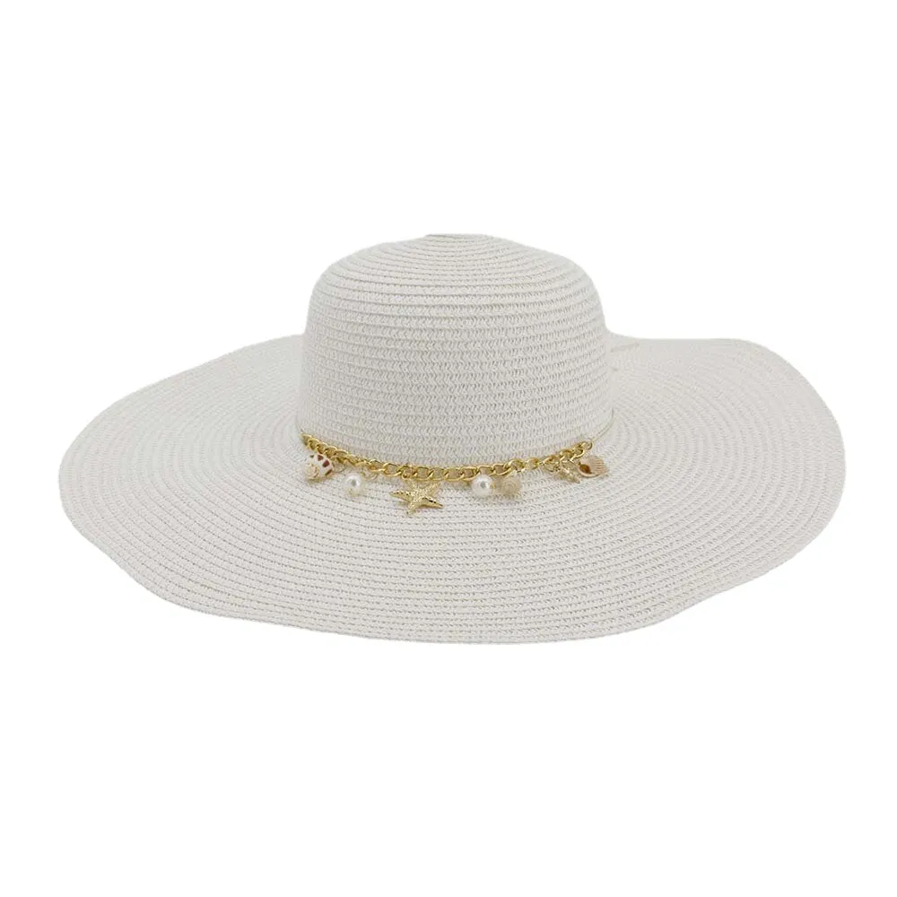 Women Sunscreen Vacation Beach Sun Hat Trinket Chain Decoration Elegant Stylish Straw Hat