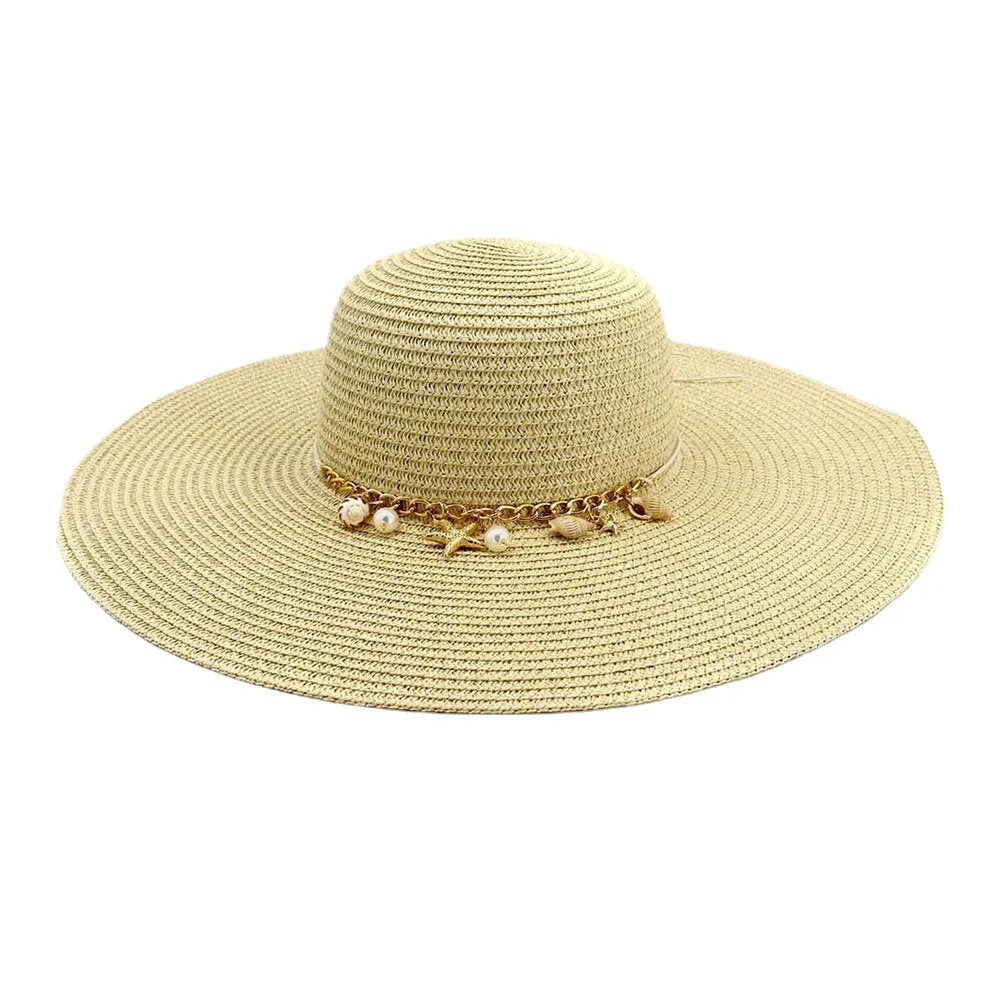 Women Sunscreen Vacation Beach Sun Hat Trinket Chain Decoration Elegant Stylish Straw Hat