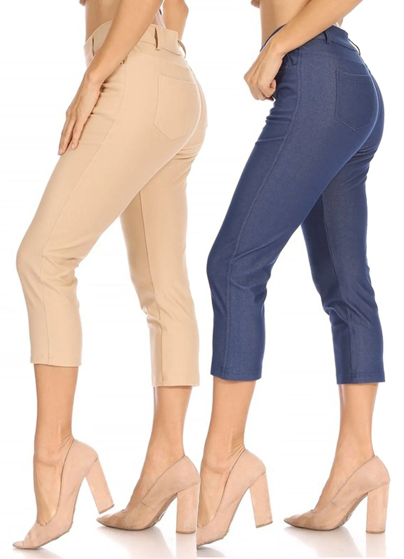 Women's 2 Pack Casual Comfy Slim Pocket Jeggings Jeans Capri Pants