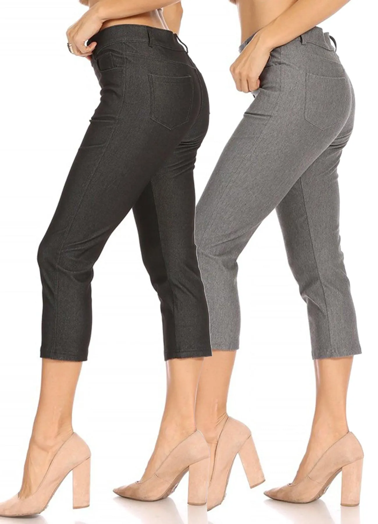 Women's 2 Pack Casual Comfy Slim Pocket Jeggings Jeans Capri Pants