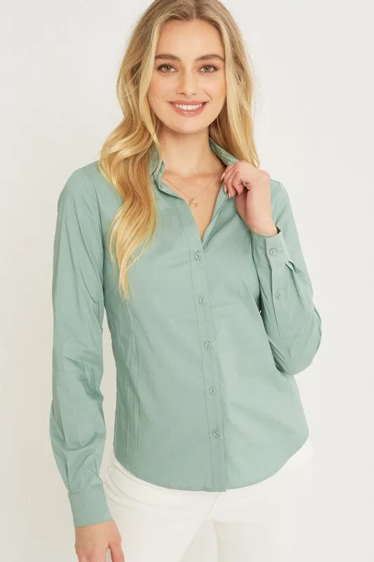 Woven Solid Long Sleeve Button Down Blouse