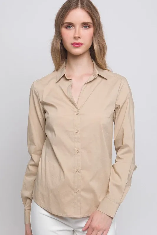 Woven Solid Long Sleeve Button Down Blouse