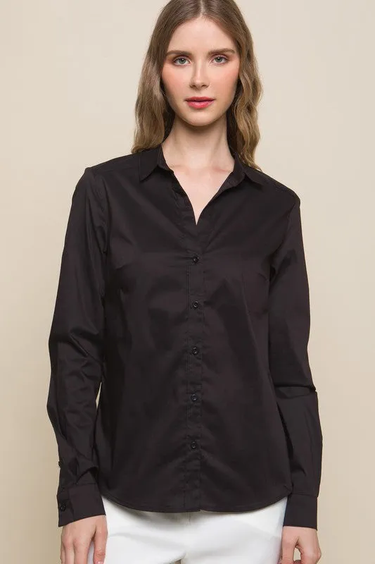 Woven Solid Long Sleeve Button Down Blouse