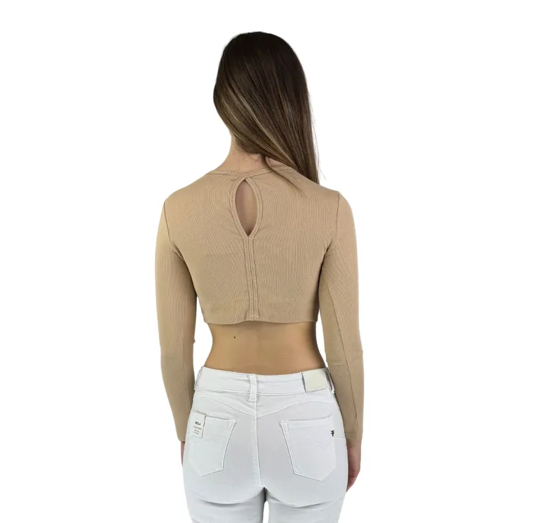 XT Studio short ribbed sweater with wide neckline for women. Sand colour