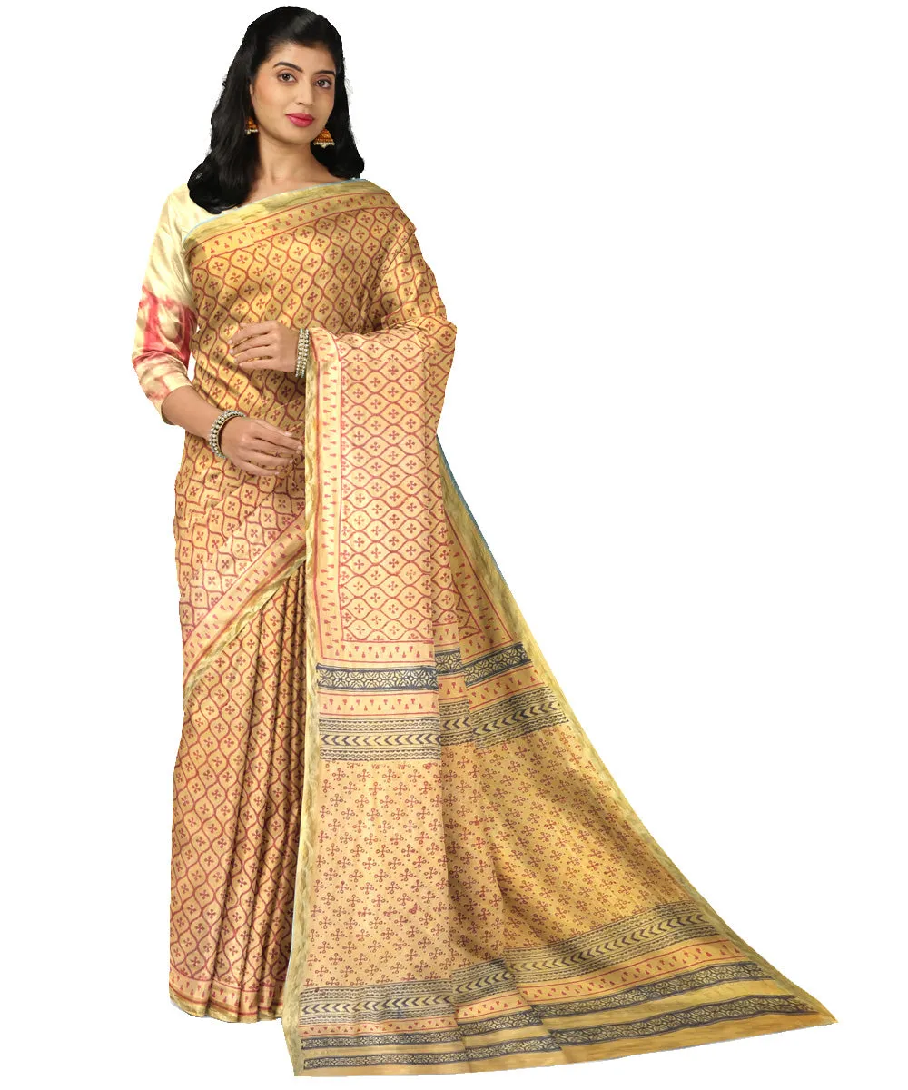 Yellow cotton silk hand printed maheshwari saree