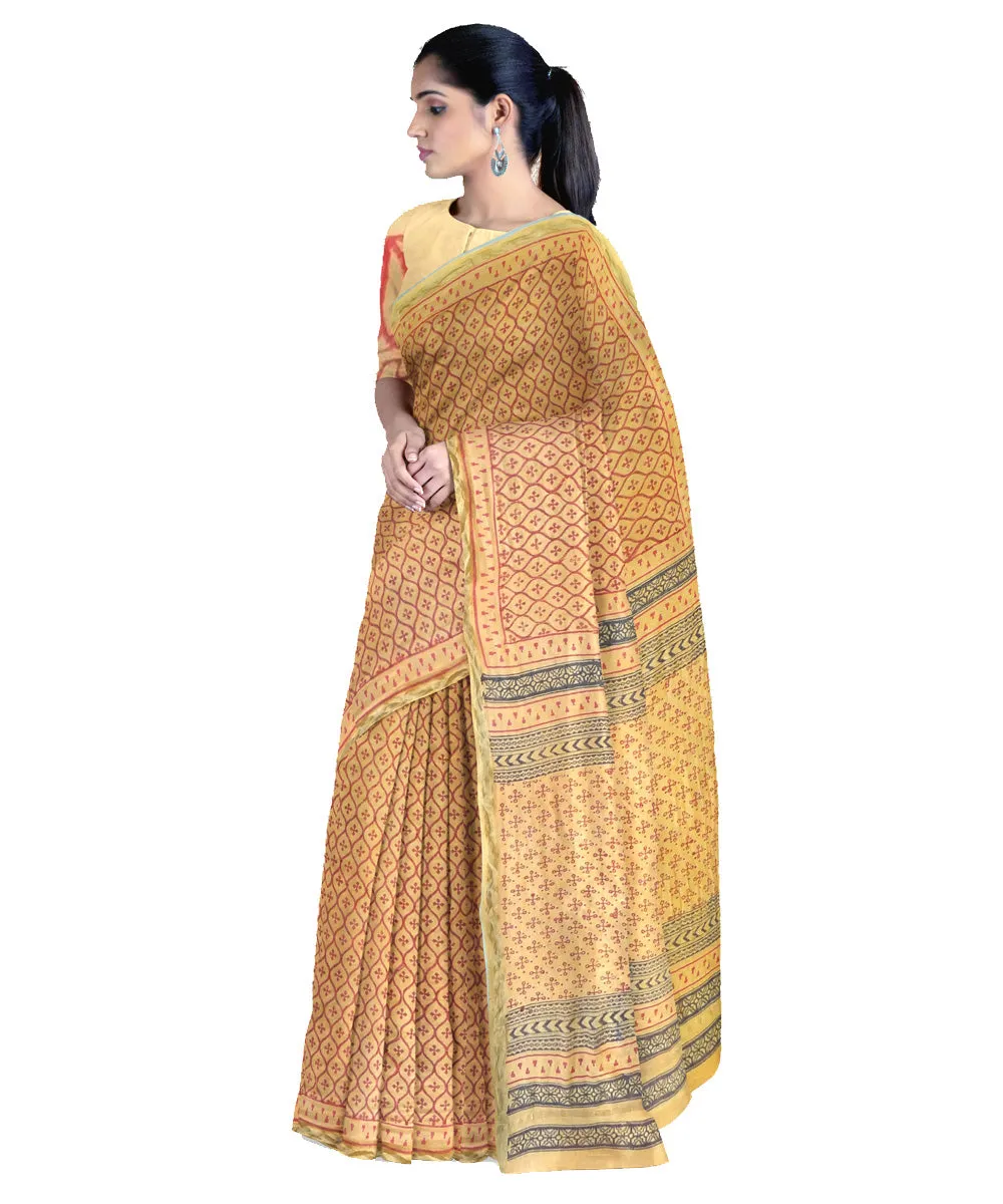 Yellow cotton silk hand printed maheshwari saree