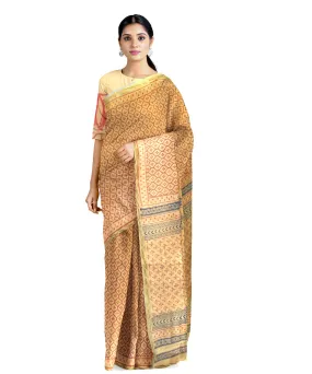 Yellow cotton silk hand printed maheshwari saree